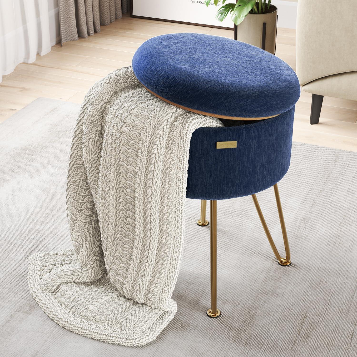 StorageBud Round Ottoman with Storage, Textured Velvet Storage Ottoman, Modern Foot Stool for Living Room and Bedroom - Blue with Gold Legs