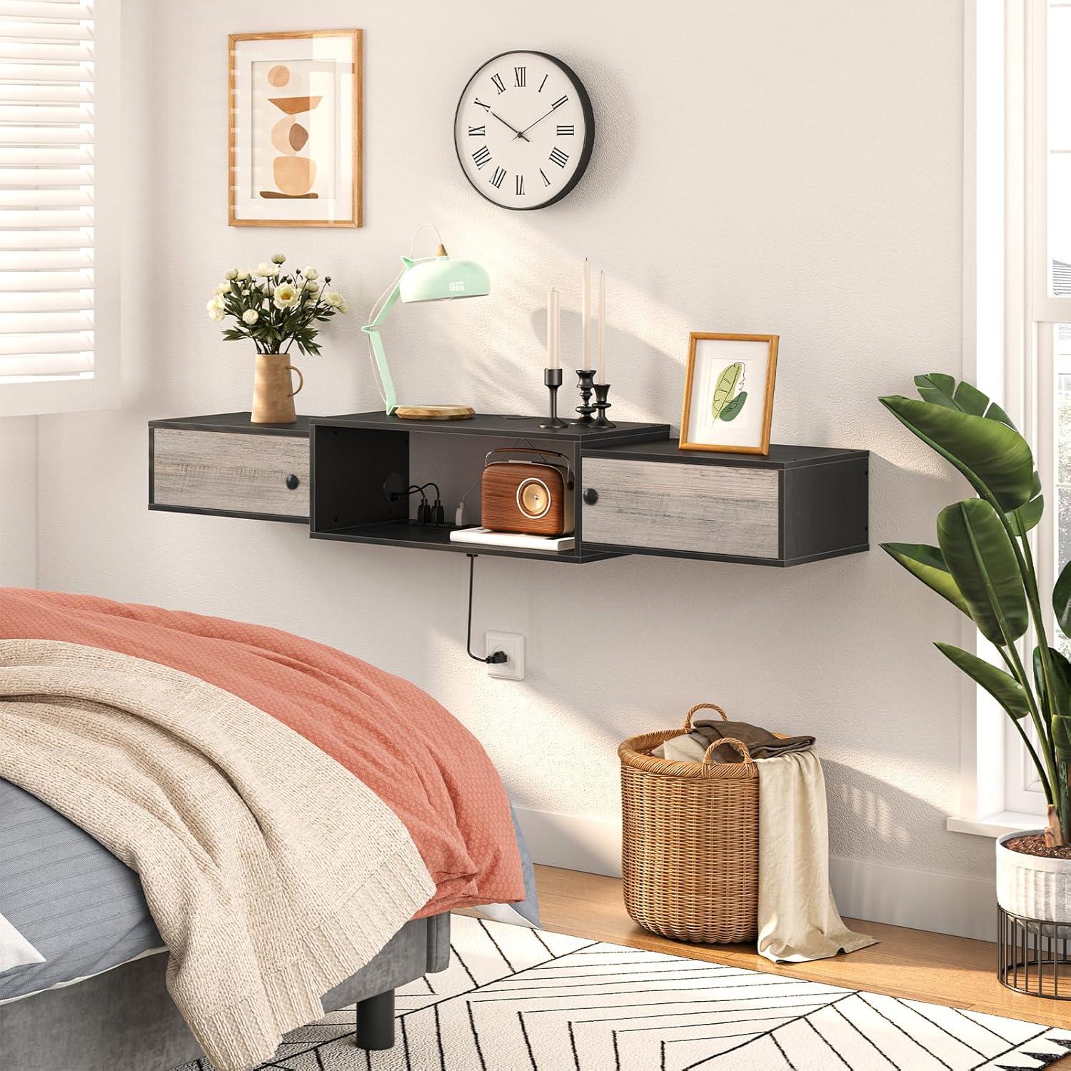 Floating TV Stand with Power Outlet 55", Modern Wall Mounted Media Console Shelf Cabinet for Under TV Storage, Entertainment Center, Living Room, Bedroom, Rustic Brown and Black BF11DS01