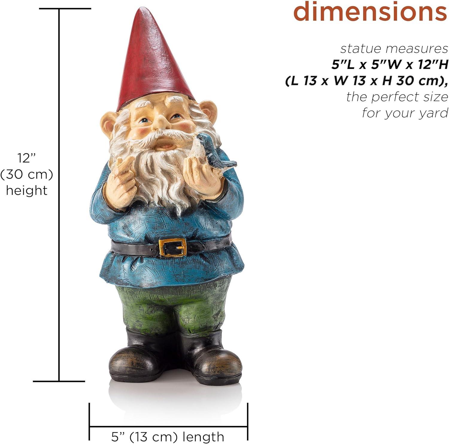 12-Inch Multicolor Garden Gnome with Bird Statue