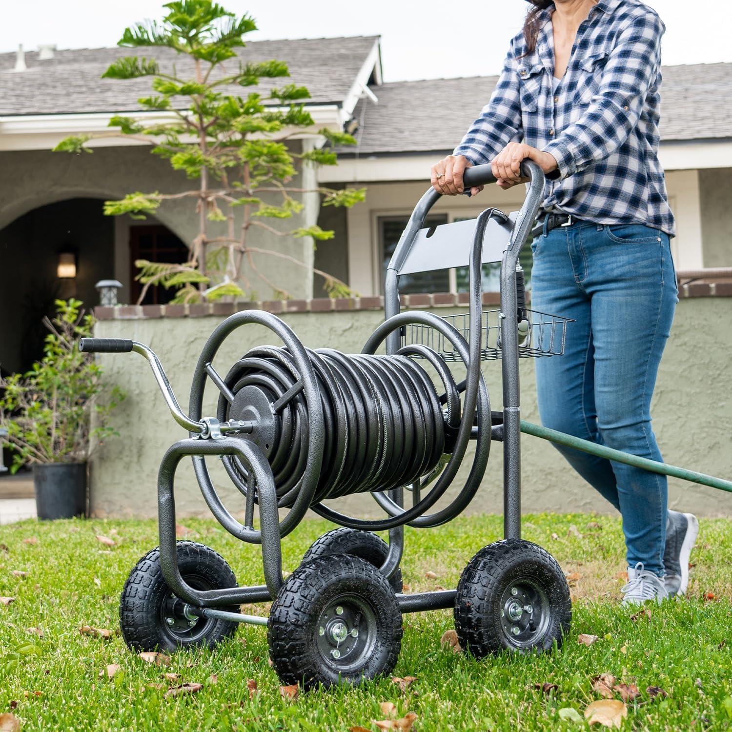 Heavy Duty Black Metal Garden Hose Reel Cart with Pneumatic Wheels