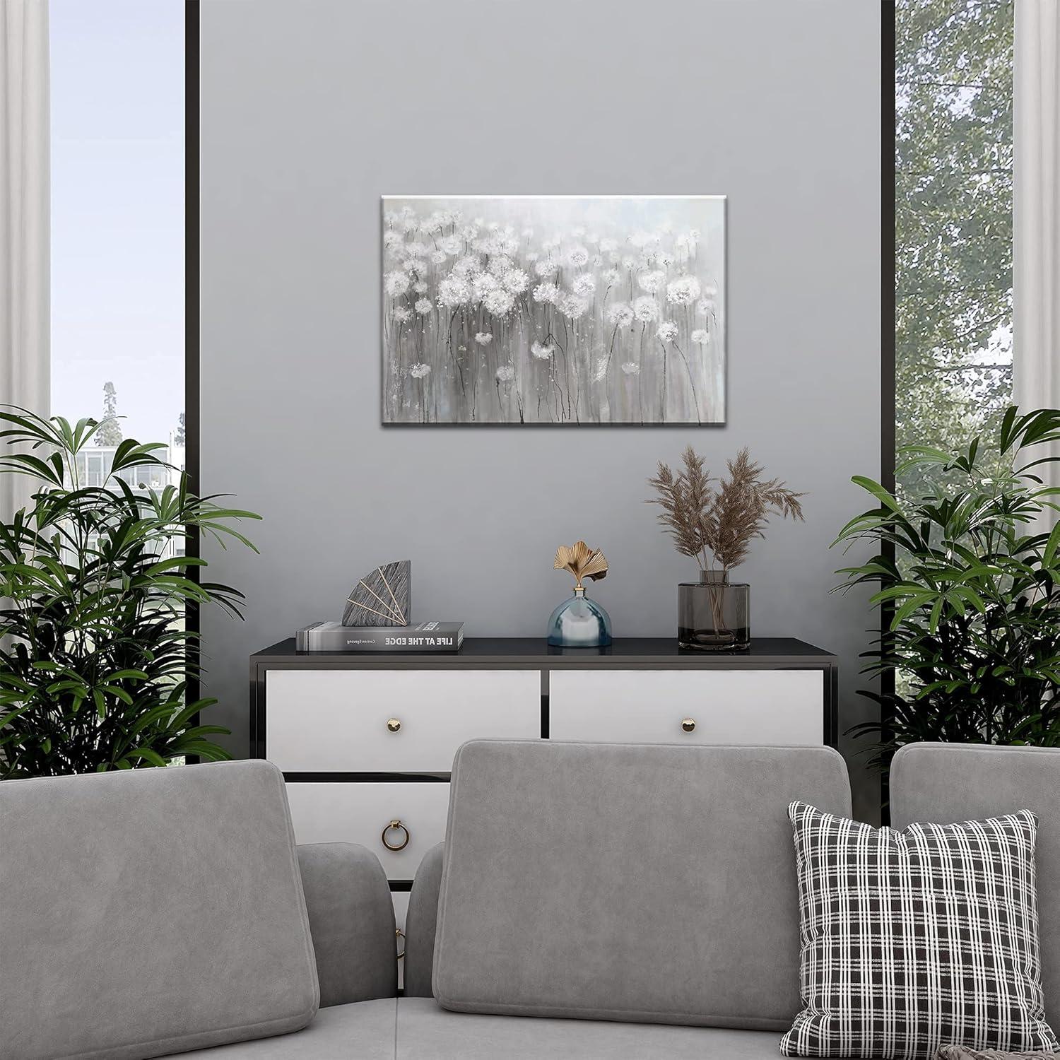 lamplig Wall Art Grey and White Flowers Modern Farmhouse Paintings Botanical Blossom Dandelion Pictures Artwork Floral Canvas Prints Living Room Bedroom Bathroom Home Decoration 16 x 24 Inch