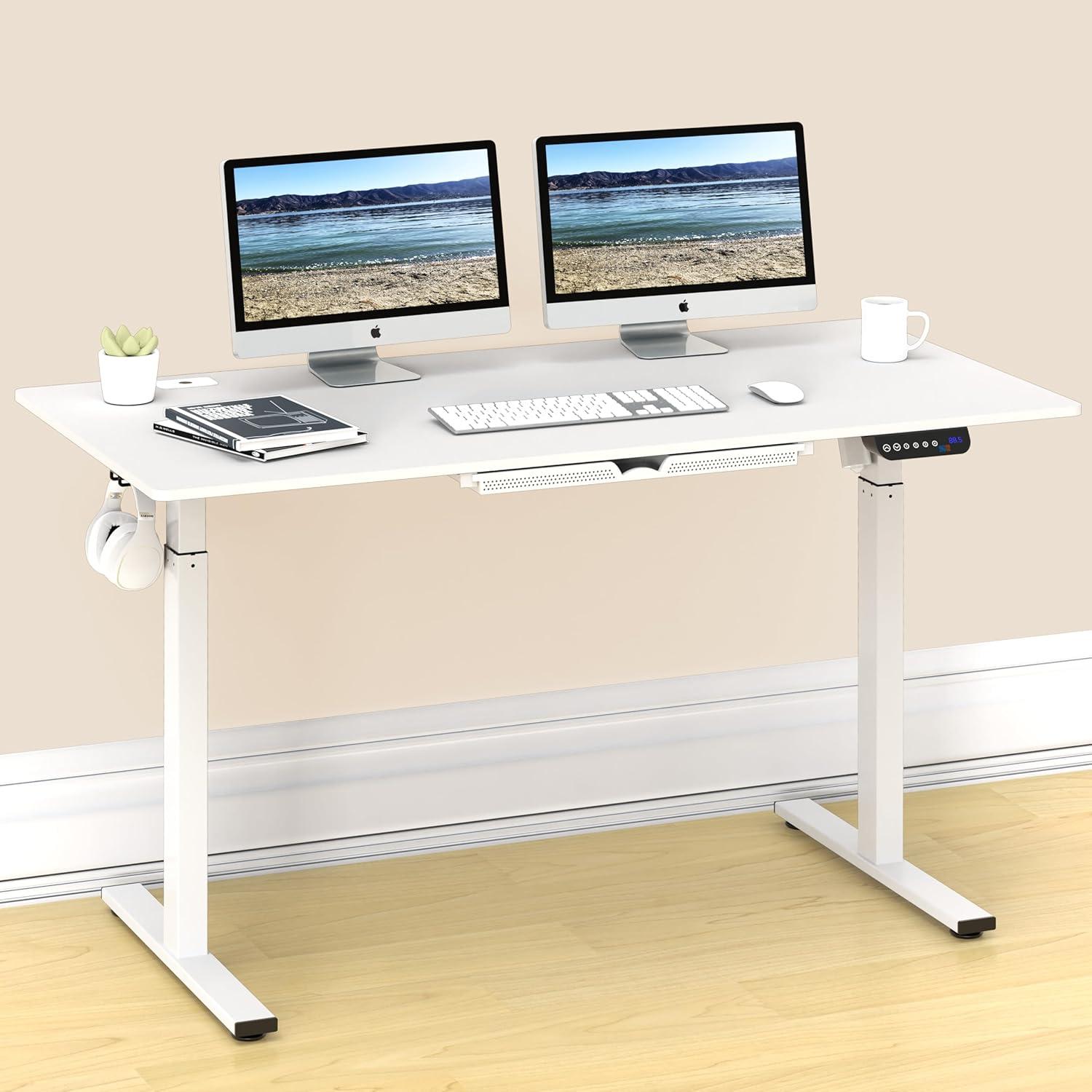 SHW 55 Inch Large Electric Height Adjustable Computer Standing Desk, White