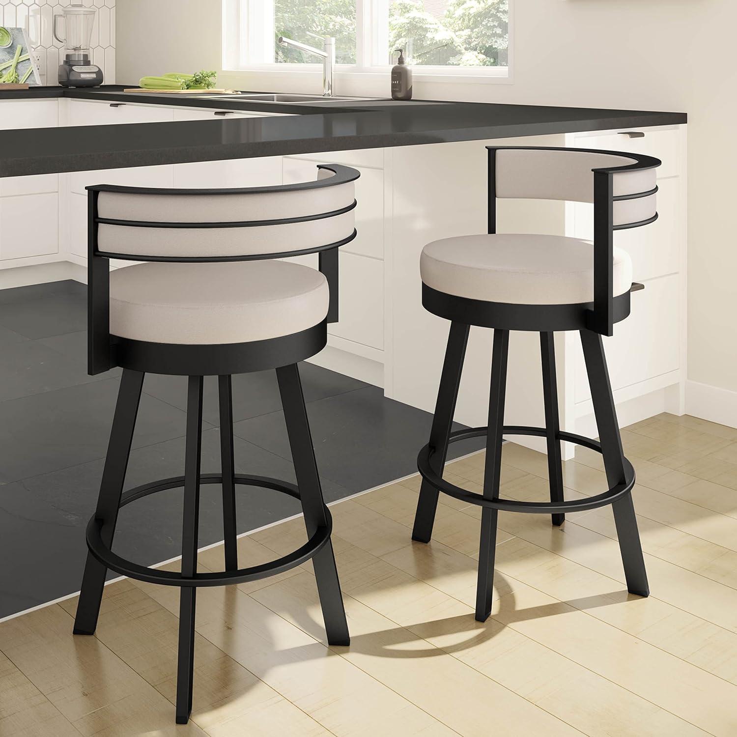 Modern Swivel Counter Stool in Cream Faux Leather with Black Metal Base