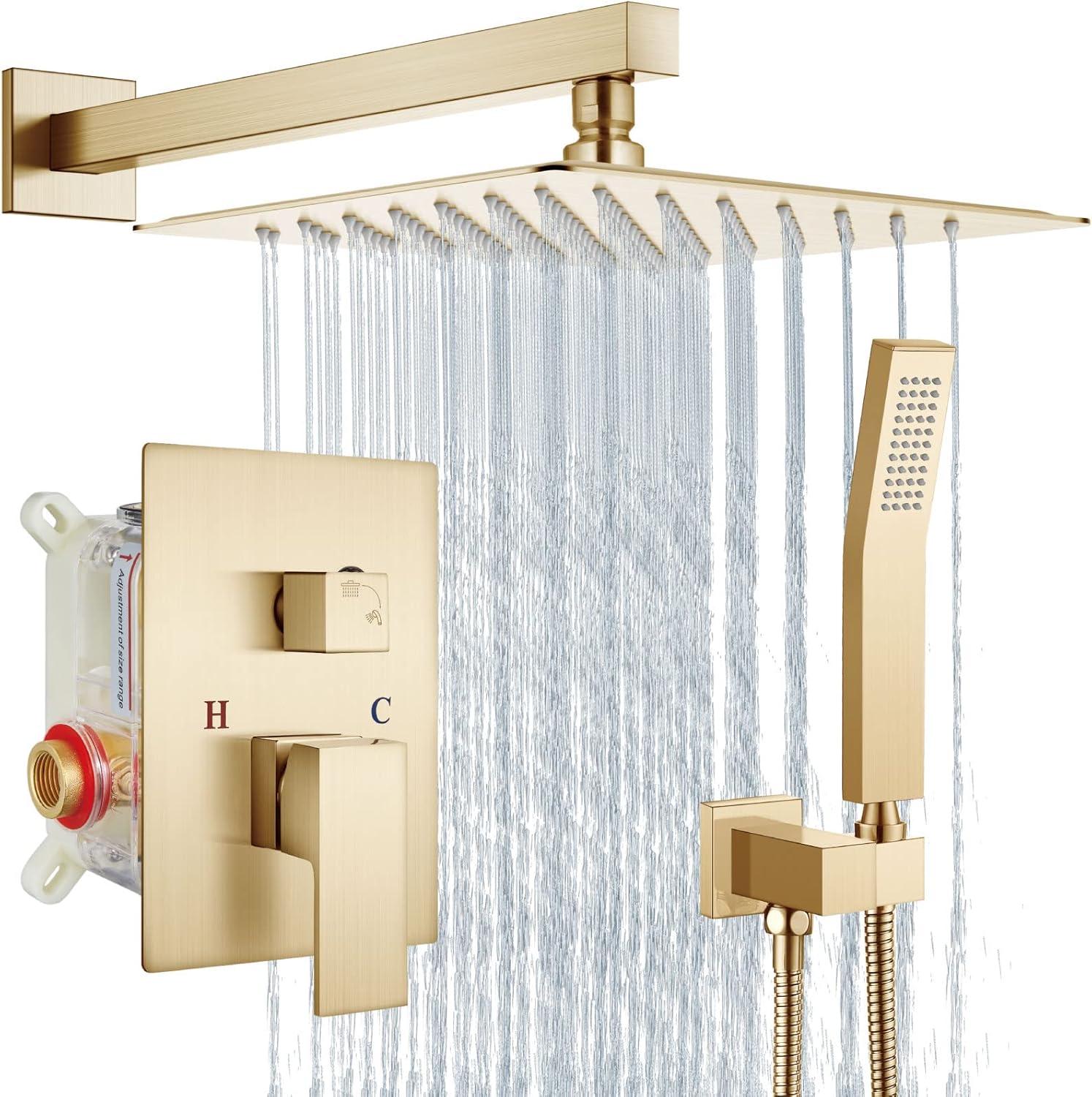 Shower system, 12" (approx. 30.5 cm) rain shower head and handheld spray bathroom shower unit with brass valve and wall trim kit Gold