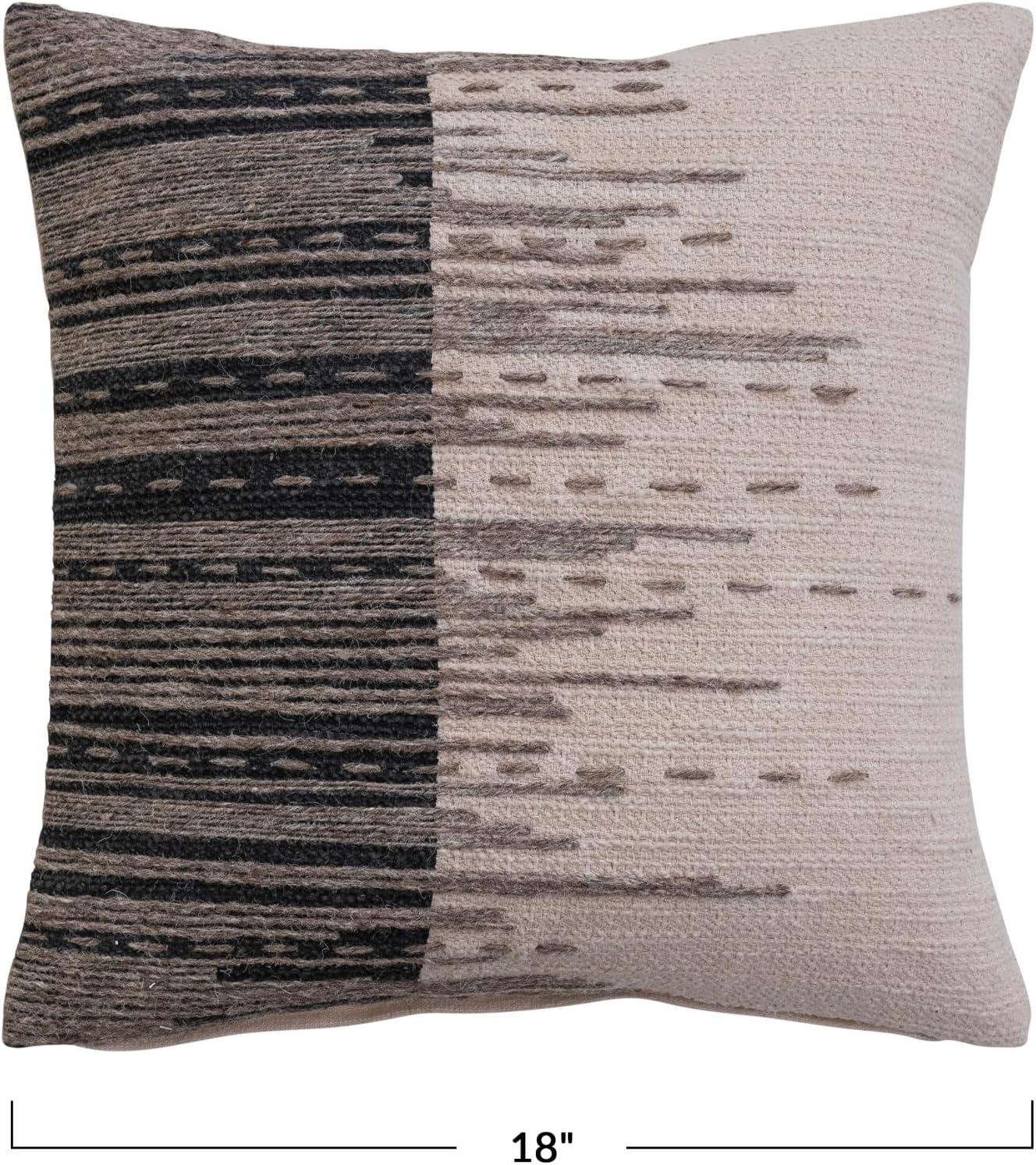 18-Inch Beige and Black Cotton Jacquard Pillow with Jute Embroidery