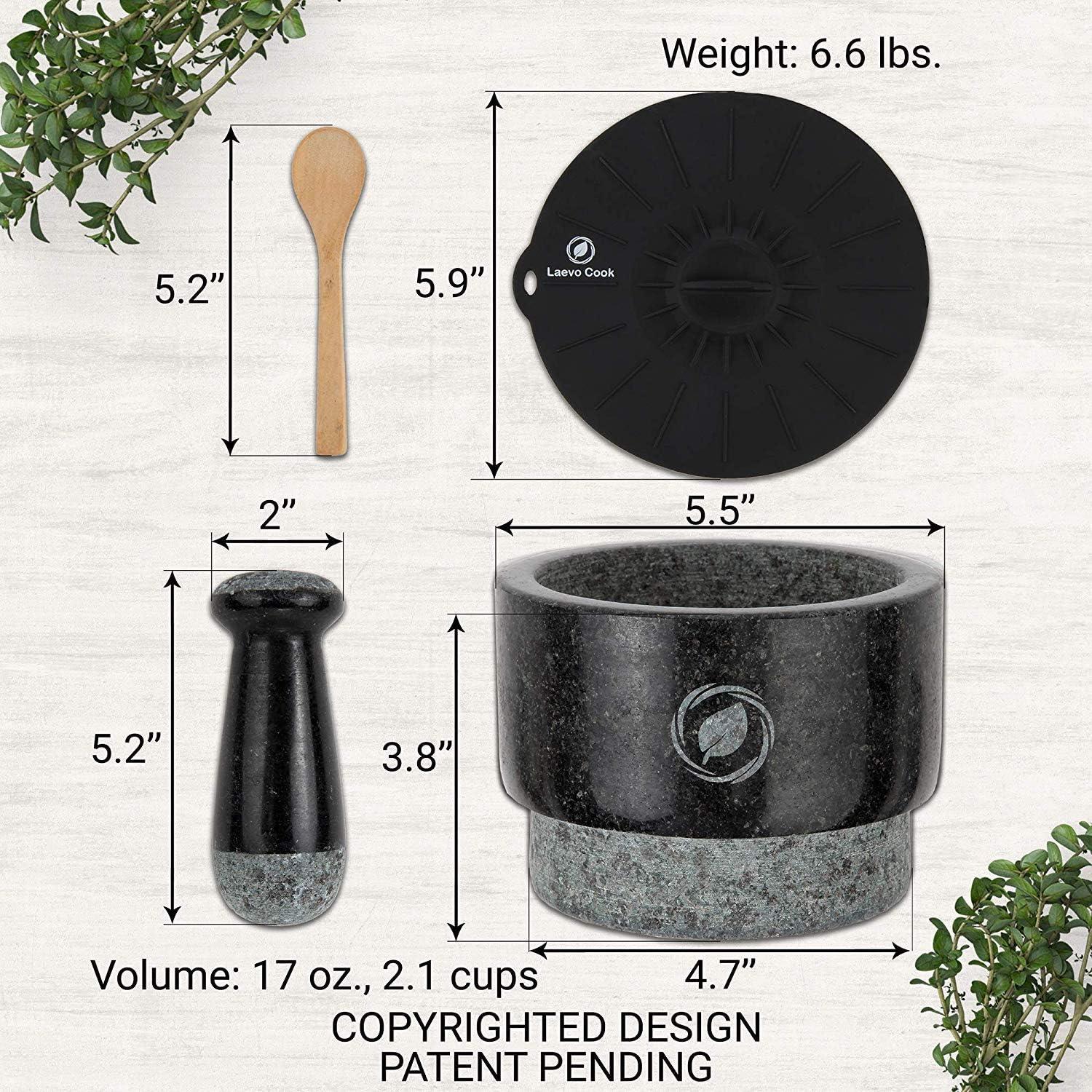 Mortar and Pestle Large Set - Laevo Black Granite Stone Spice Grinder, 2.1 Cup Capacity, 5.5 Inches - Reversible Molcajete Mexicano - Guacamole, Spices - Large Mortar and Pestles Set