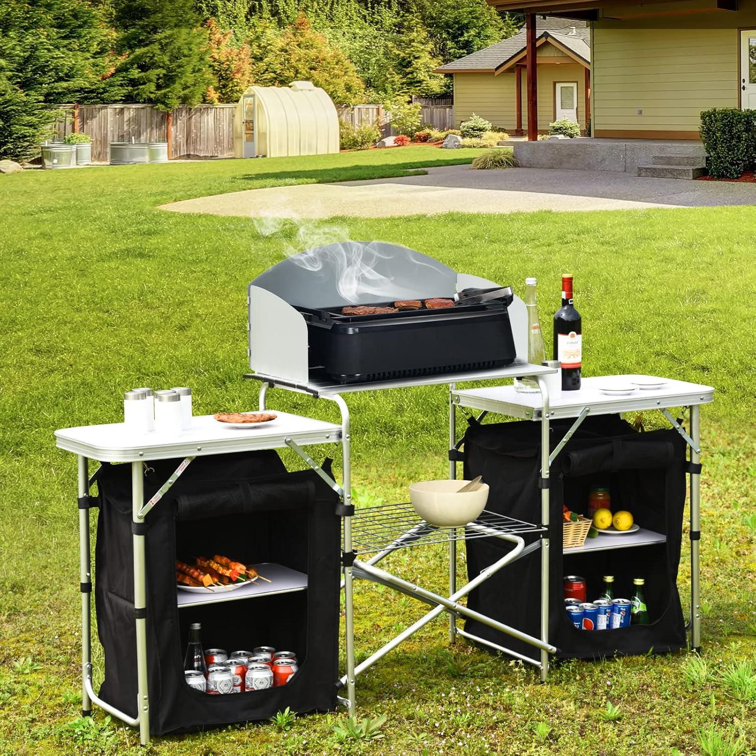 Black Aluminum Folding Camping Kitchen Table with Storage and Windscreen