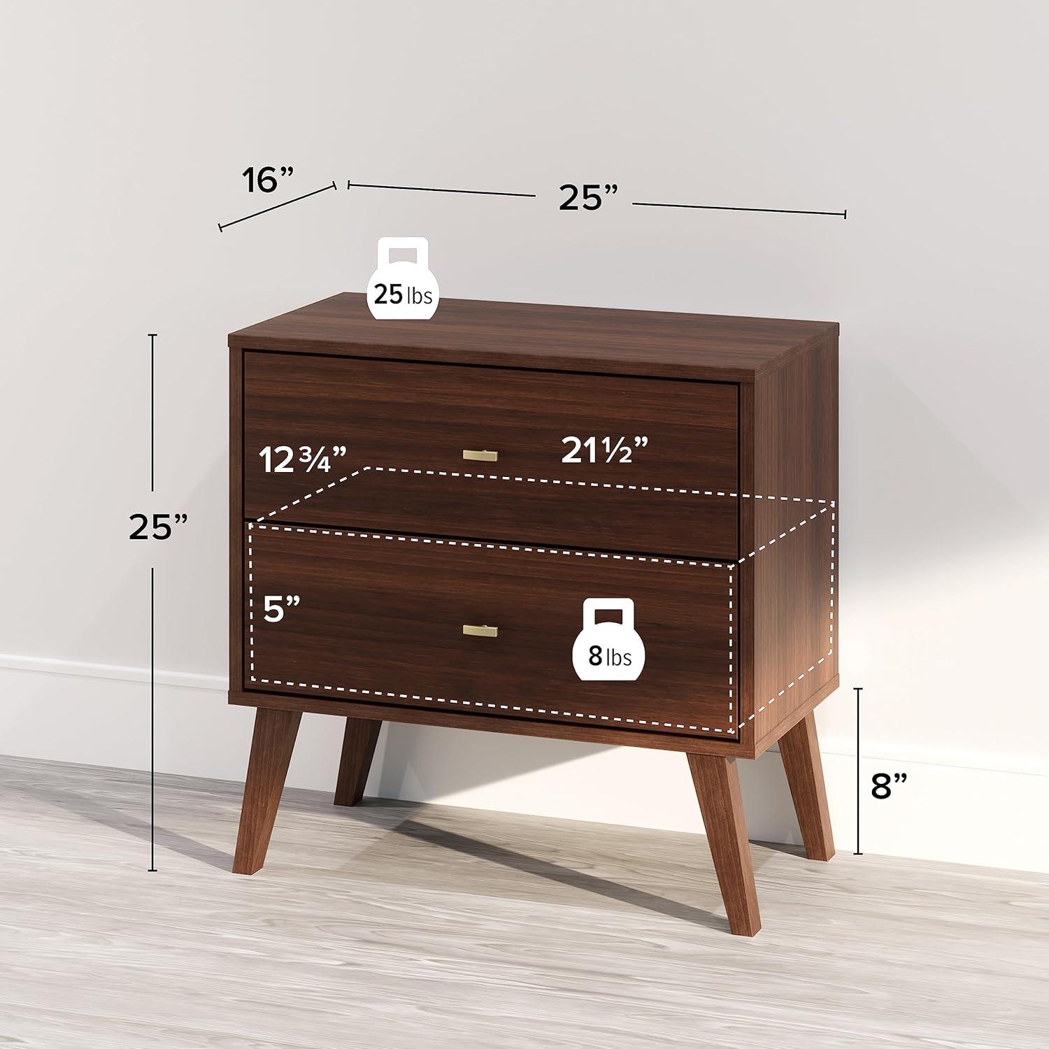 Milo Mid Century Modern 2 Drawer Nightstand Cherry - Prepac: Brushed Brass Knobs, Tapered Legs