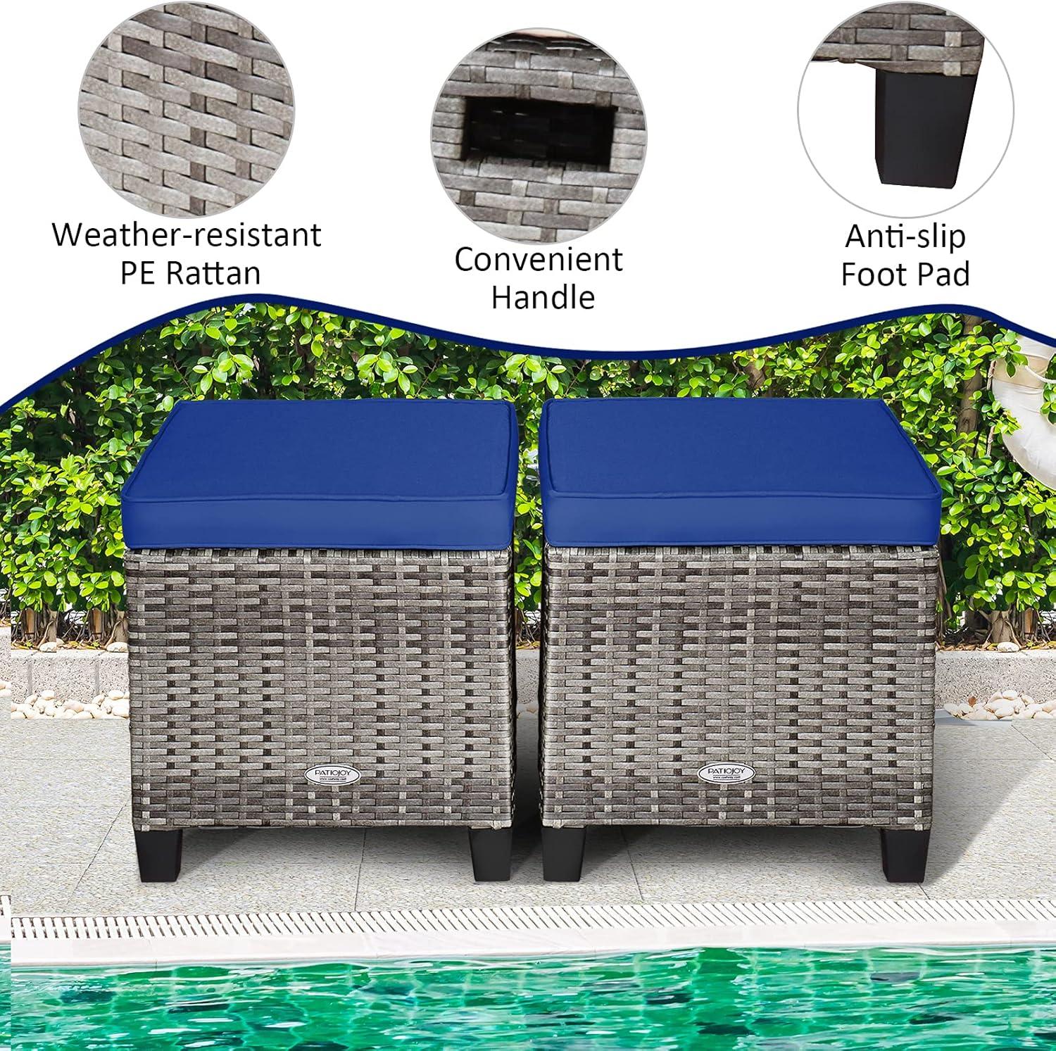 Patiojoy Set of 2 Outdoor Rattan Cushioned Ottoman Seat All Weather Patio Ottoman Footrest Navy