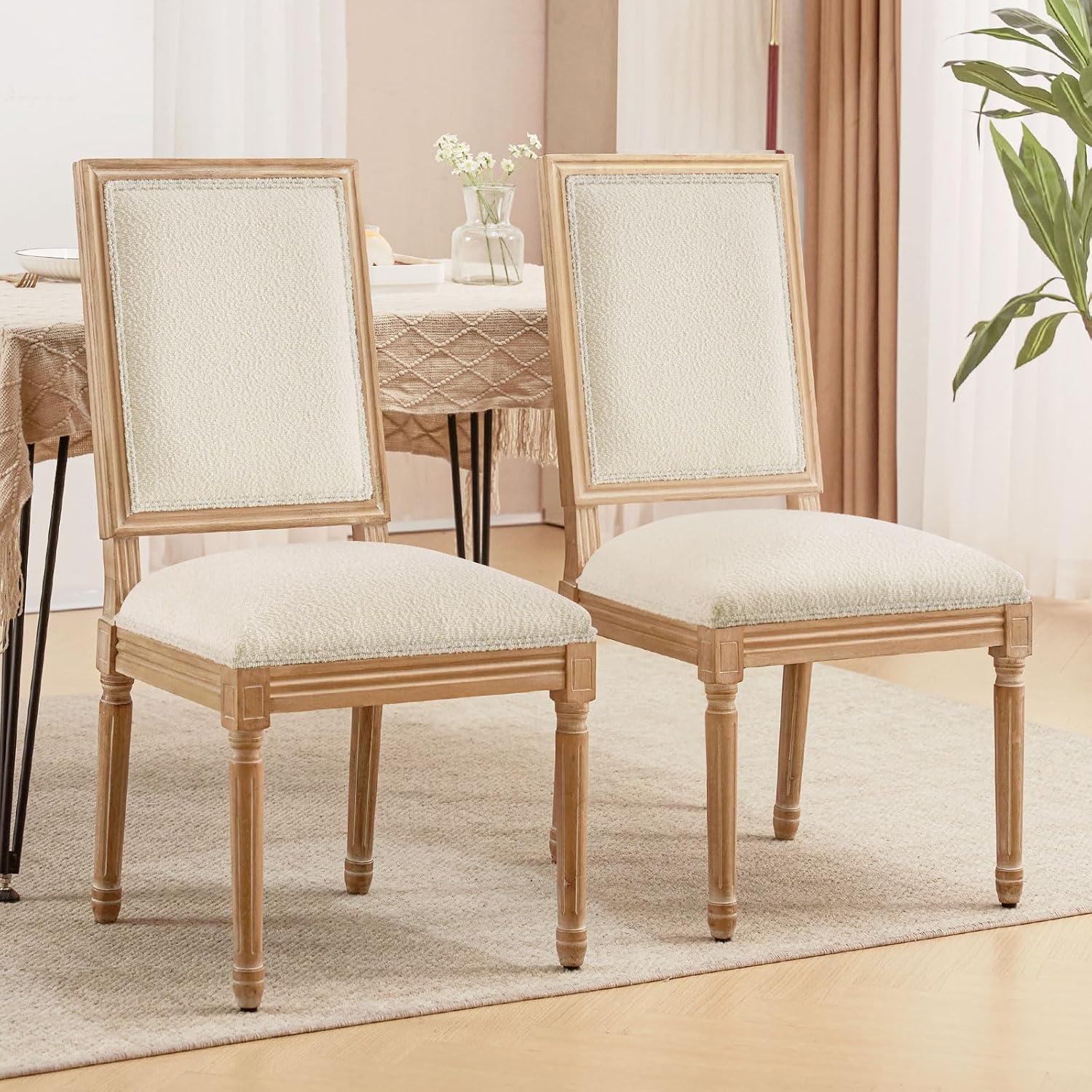 Furniliving French Country Dining Chairs Set of 2, Upholstered Farmhouse Dining Room Chairs, Sherpa Fabric Side Chairs for Kitchen Dining Room, White