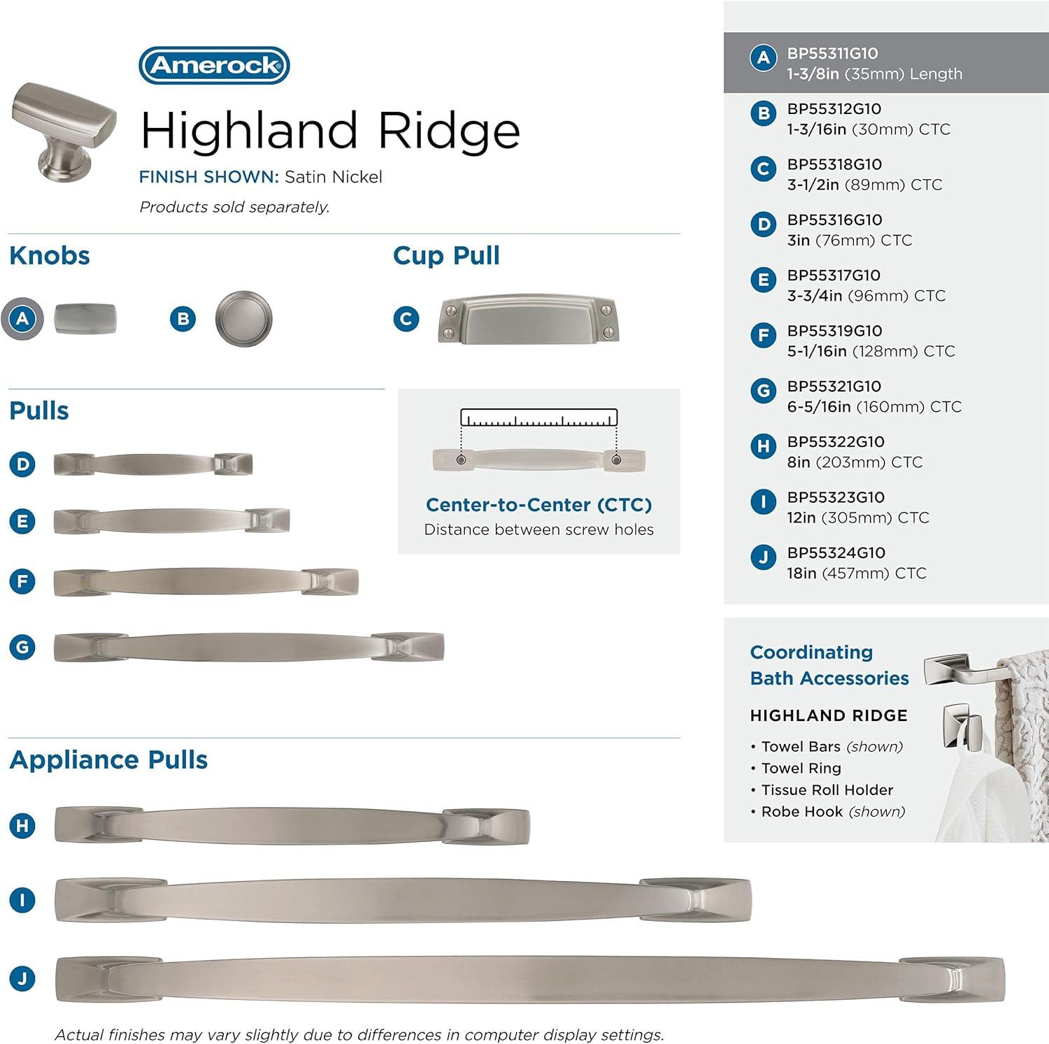 Amerock Highland Ridge 1-3/8 inch (35mm) Length Satin Nickel Cabinet Knob