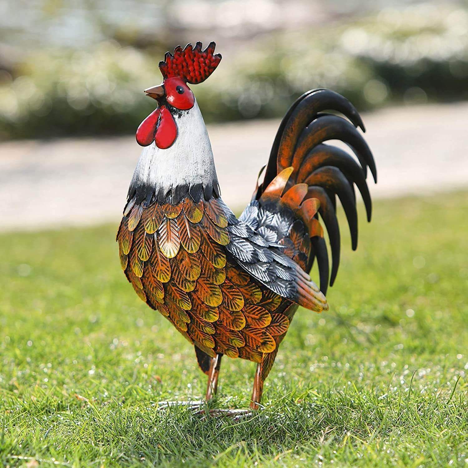 Hand-Painted Metal Rooster Garden Sculpture, 14" Tall