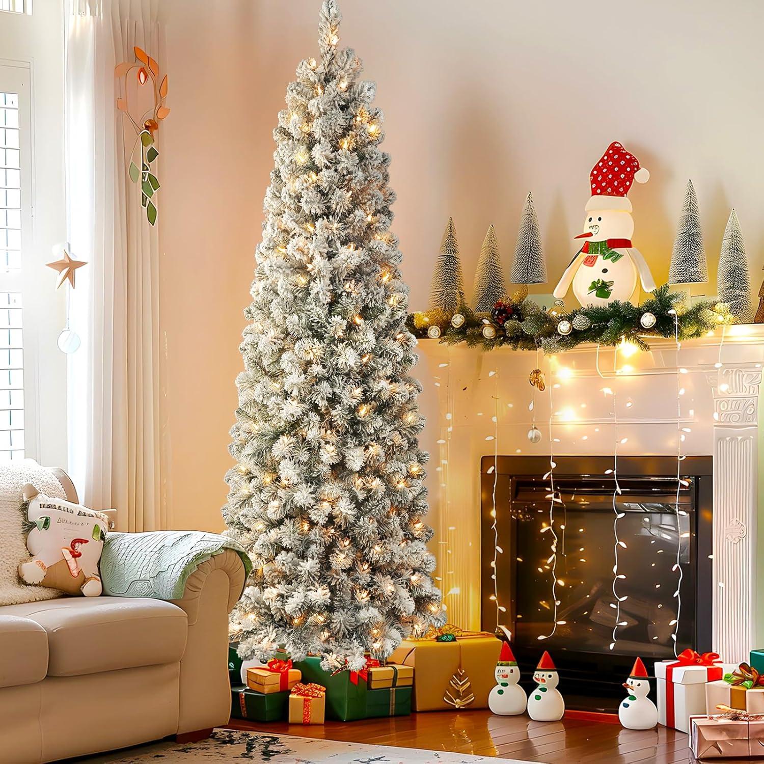 7.5ft Pre-lit Snow-Flocked Kingswood Fir Pencil Artificial Christmas Tree