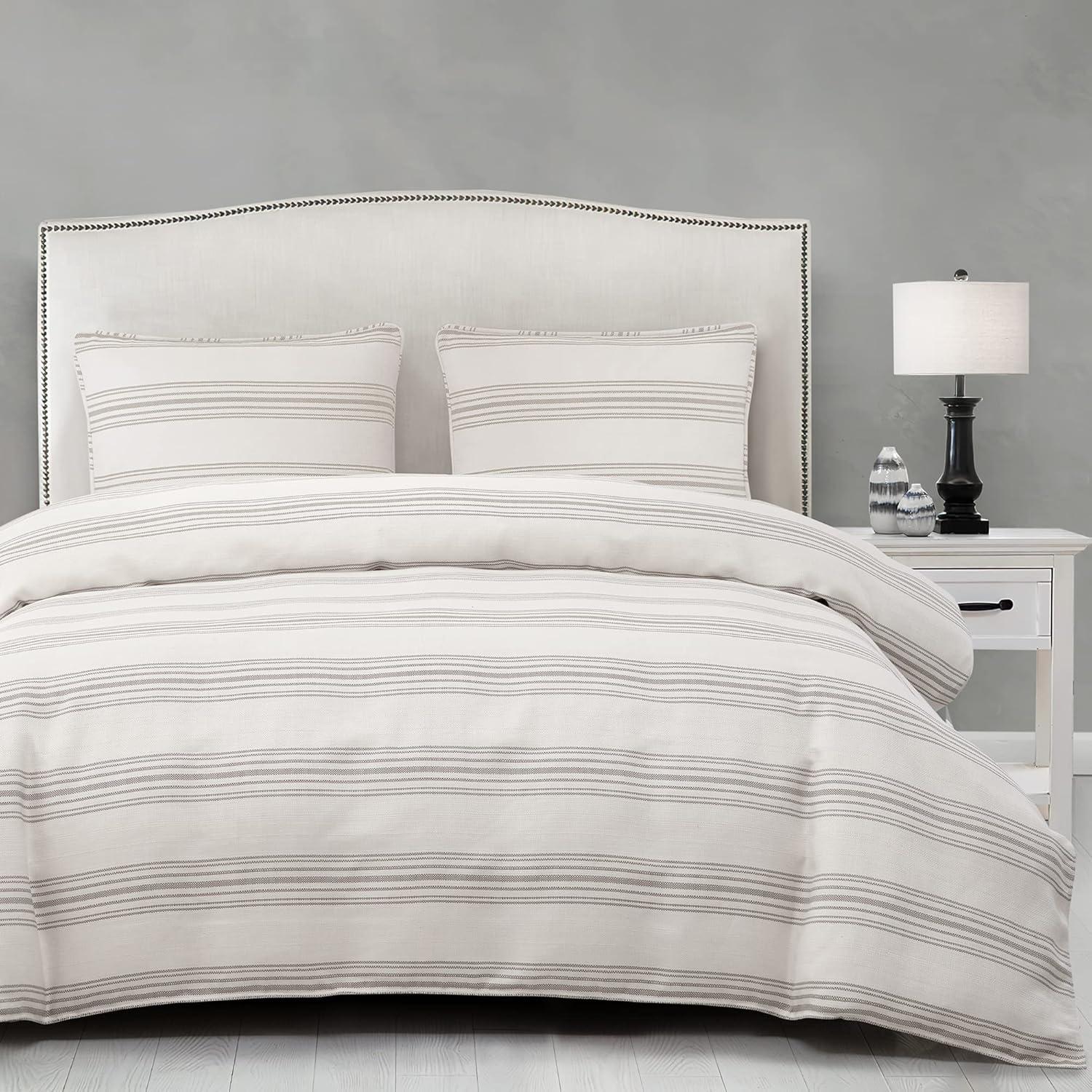 King Size Ivory and Taupe Cotton Striped Sham Set