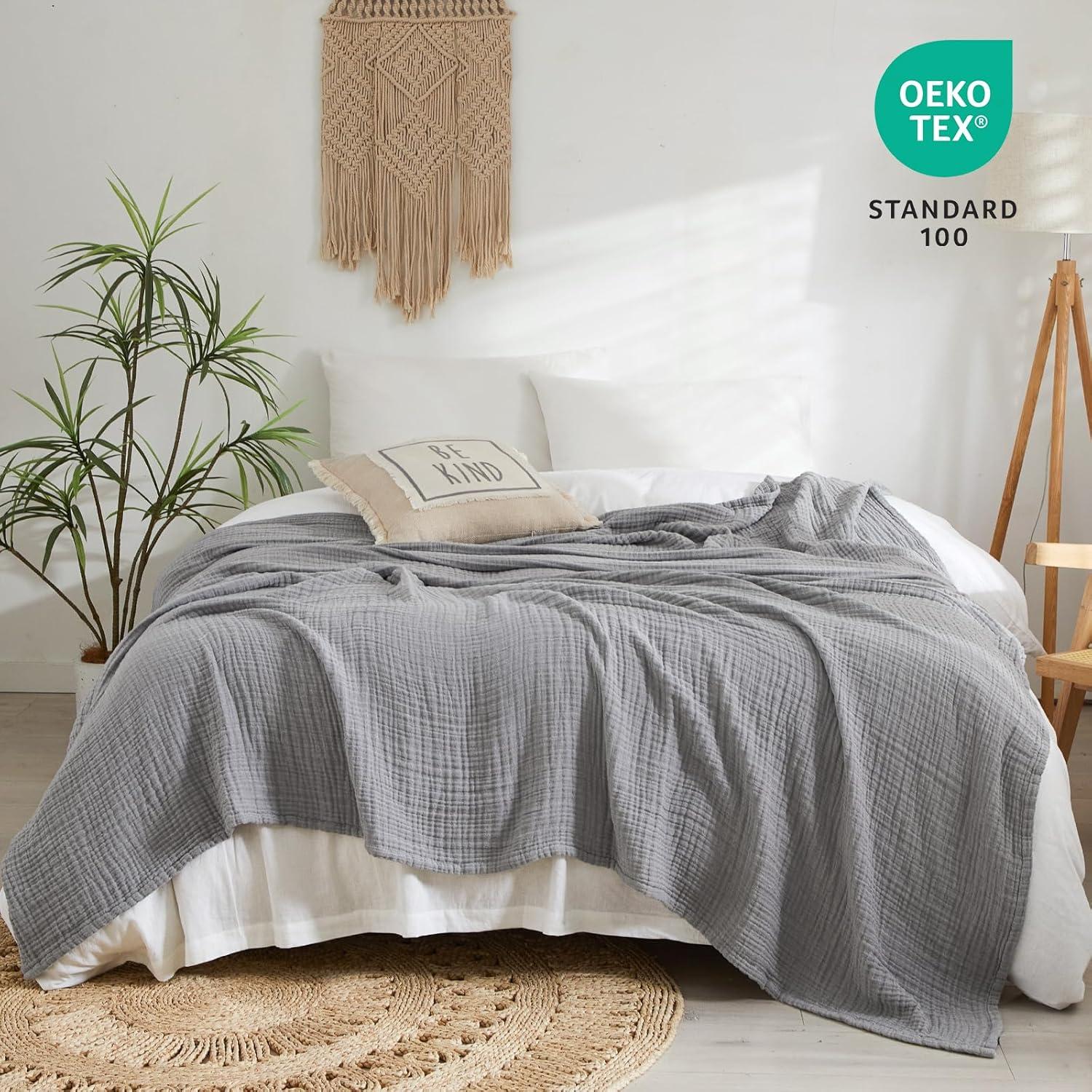 PHF 100% Cotton Muslin Blanket King Size 108" x 90", 4-Layer Lightweight and Breathable Blanket for Summer, Luxuriously Soft Gauze Bedding for Bed, Natural Minimalism Style, Ideal, Gift Grey