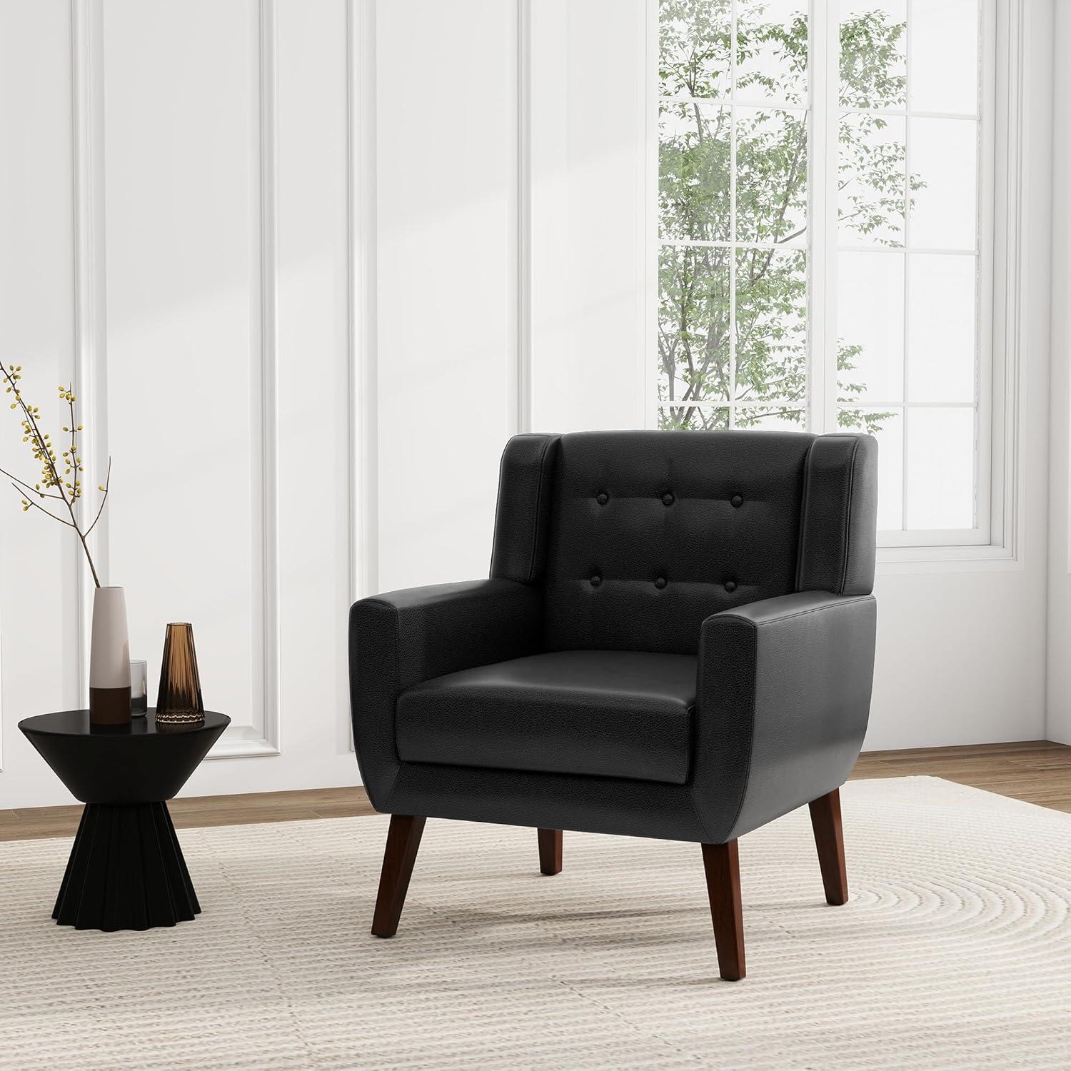 UIXE Faux Leather Accent Chair Upholstered Comfortable Armchair Modern Bedroom Chairs with Solid Wooden Legs, Brown