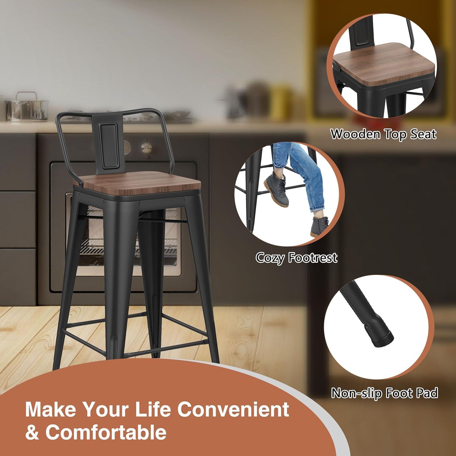 Killeryuki 24'' Metal Bar Stool 4PCS Low Back Conuter Stools for Indoor/Outdoor Barstools Metal Black Stools Bar Chairs w/Wooden Seat Metal Leg Industrial Counter Height Stools Black