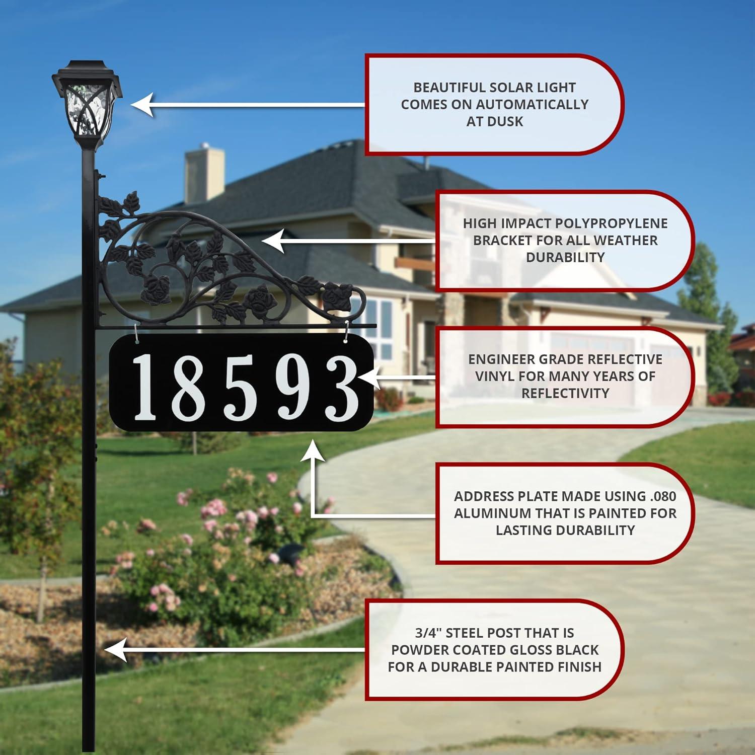 Address America USA Handcrafted, Double-Sided Rose Address Sign With Solar Light - 58" Pole