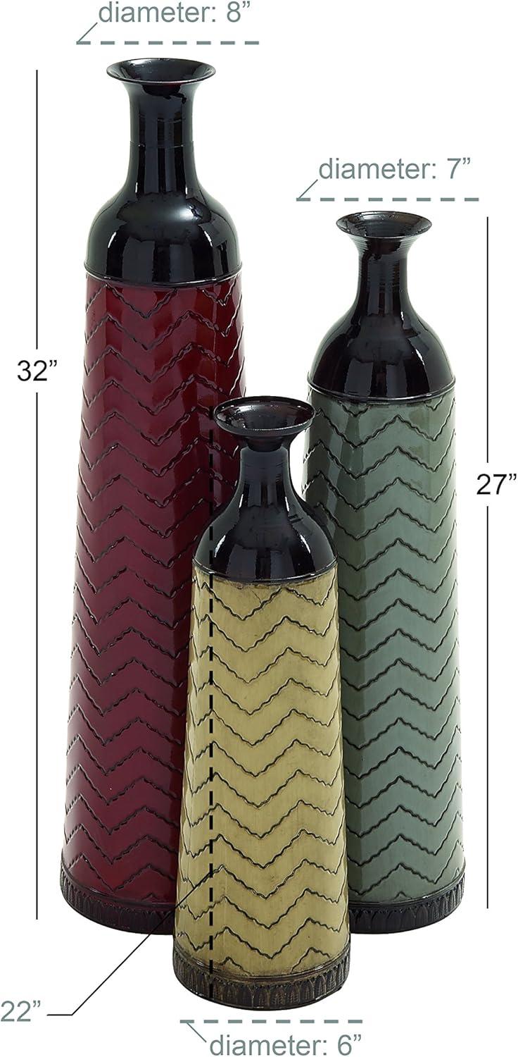 DecMode 32", 27", 22"H Tall Enameled Bottleneck Floor Multi Colored Metal Vase with Chevron Pattern, Set of 3