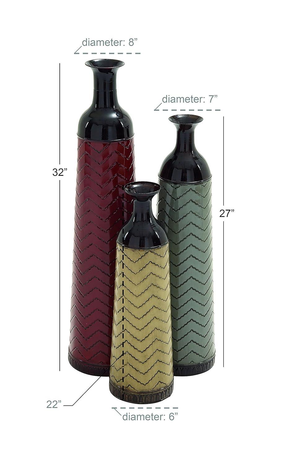 DecMode 32", 27", 22"H Tall Enameled Bottleneck Floor Multi Colored Metal Vase with Chevron Pattern, Set of 3