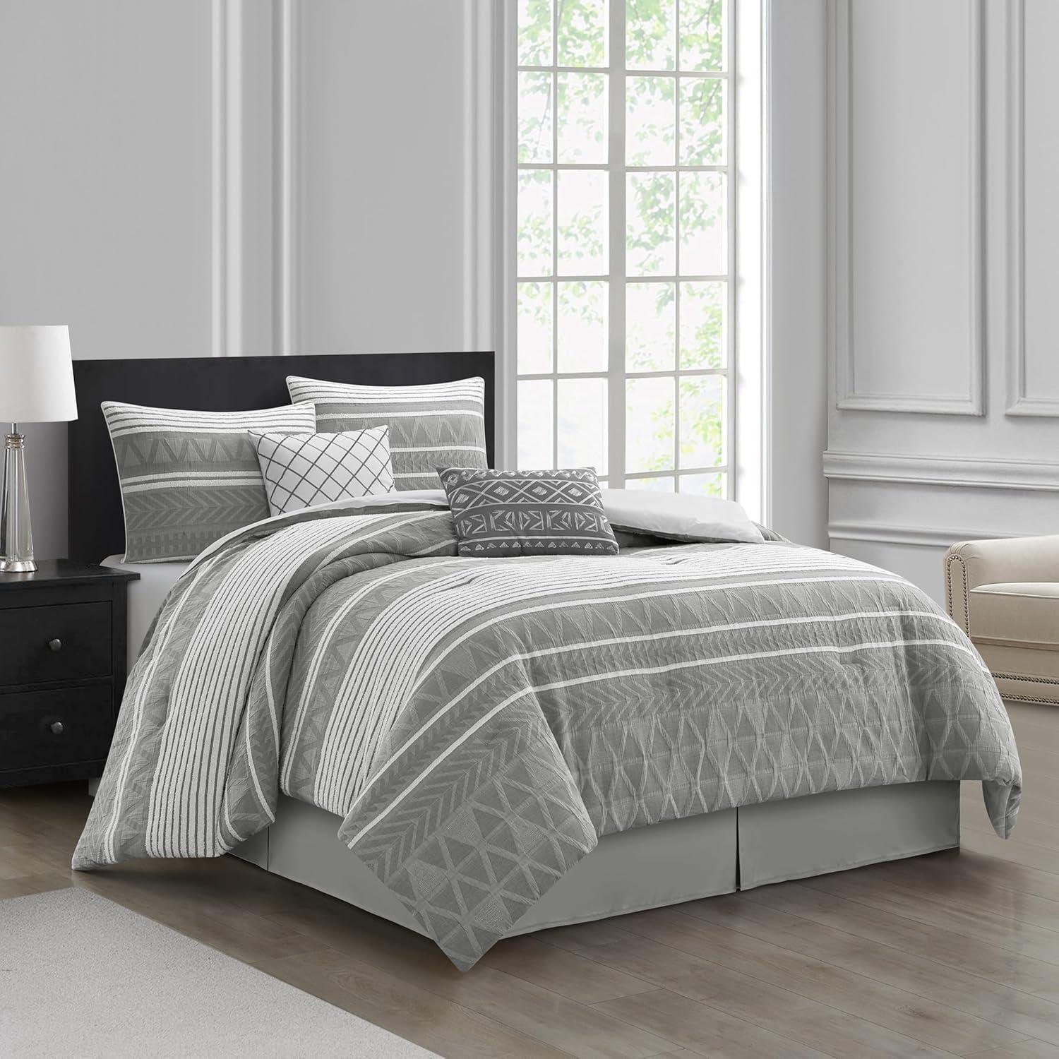 Lanco 100% Cotton King Size Comforter Set, 6 Piece, Color Grey, Geometric Jacquard Bedding Set, Matching Bedskirt, Pillows & Shams