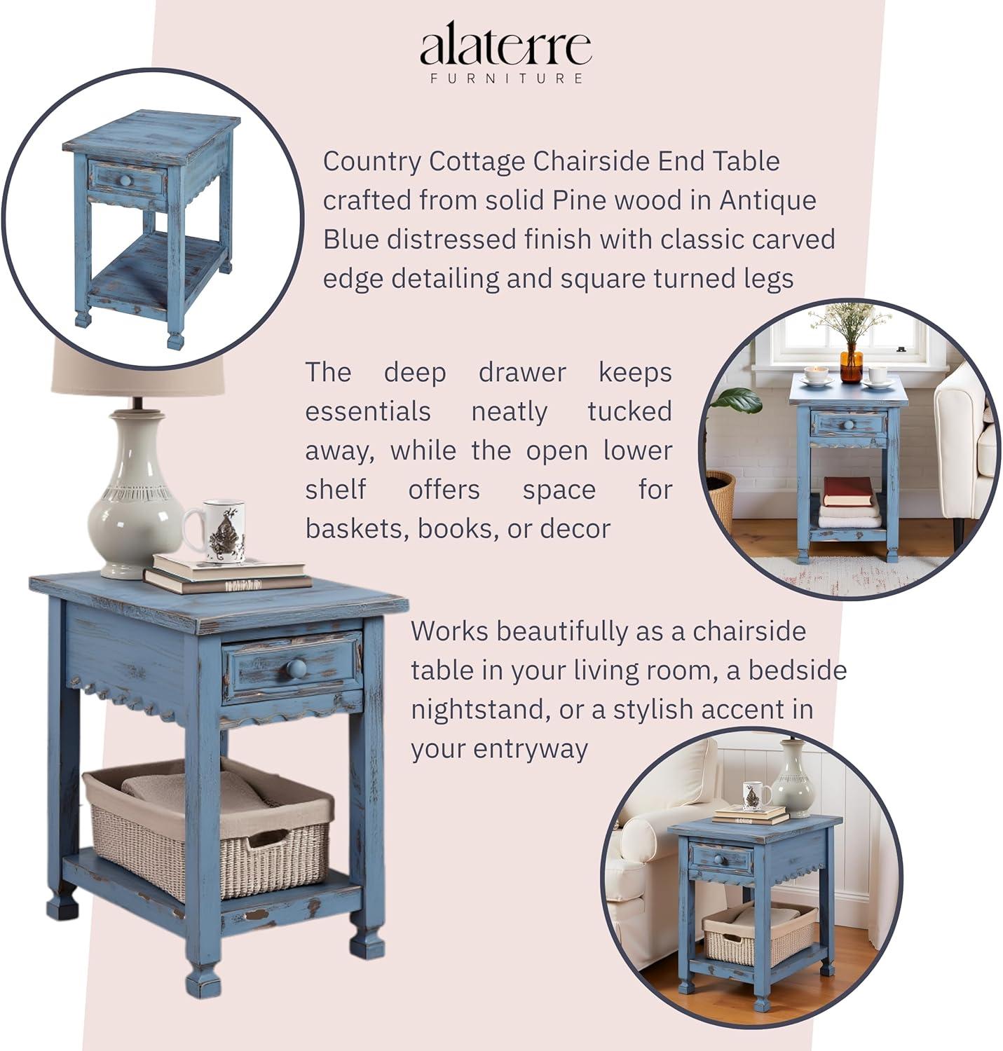 Alaterre Furniture Country Cottage Chairside End Table with 1 Drawer and 1 Shelf, Square Turned Legs, Farmhouse Style for Living Room, Antique Blue Finish