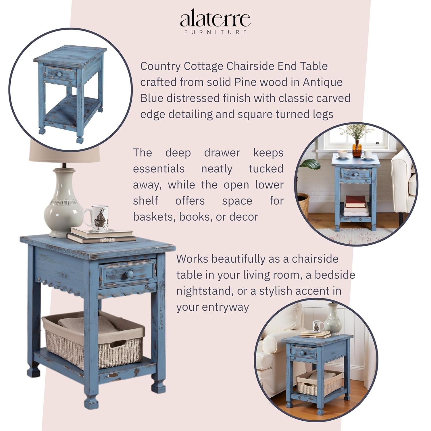 Alaterre Furniture Country Cottage Chairside End Table with 1 Drawer and 1 Shelf, Square Turned Legs, Farmhouse Style for Living Room, Antique Blue Finish