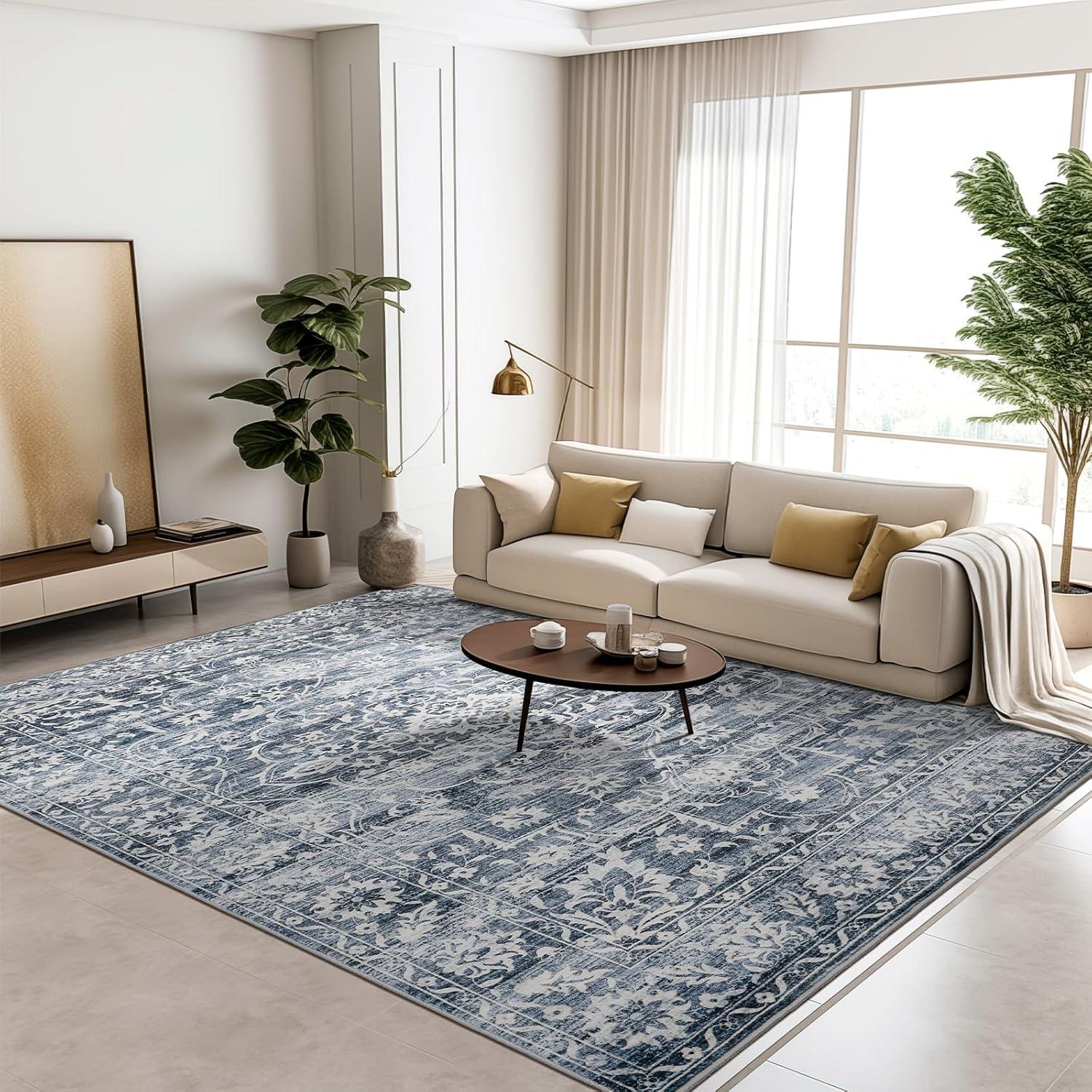 Rugs.com Oregon Collection Rug – 6' x 9' Blue Low-Pile Rug Perfect For Living Rooms, Large Dining Rooms, Open Floorplans