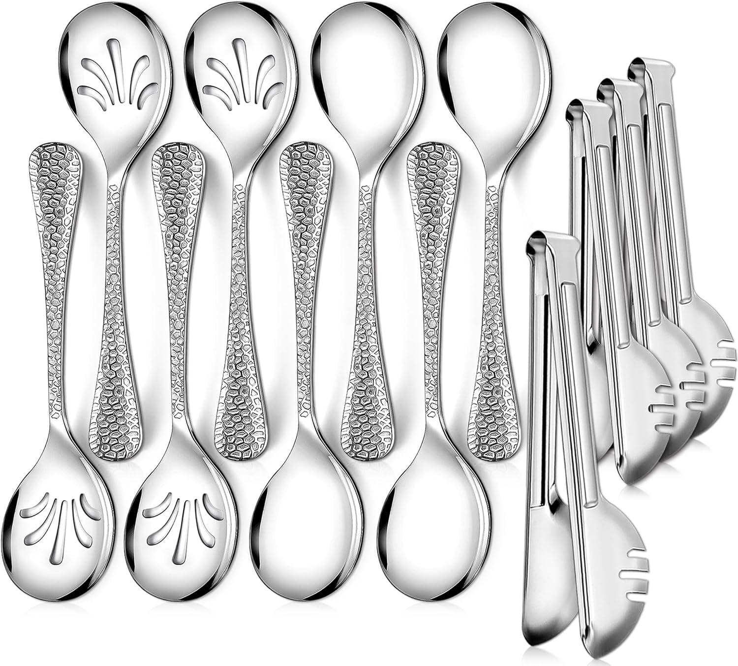 12-Piece Hammered Stainless Steel Serving Utensil Set, 10'' Serving Spoons & Tongs For Parties, Weddings & Catering (Set of 12)