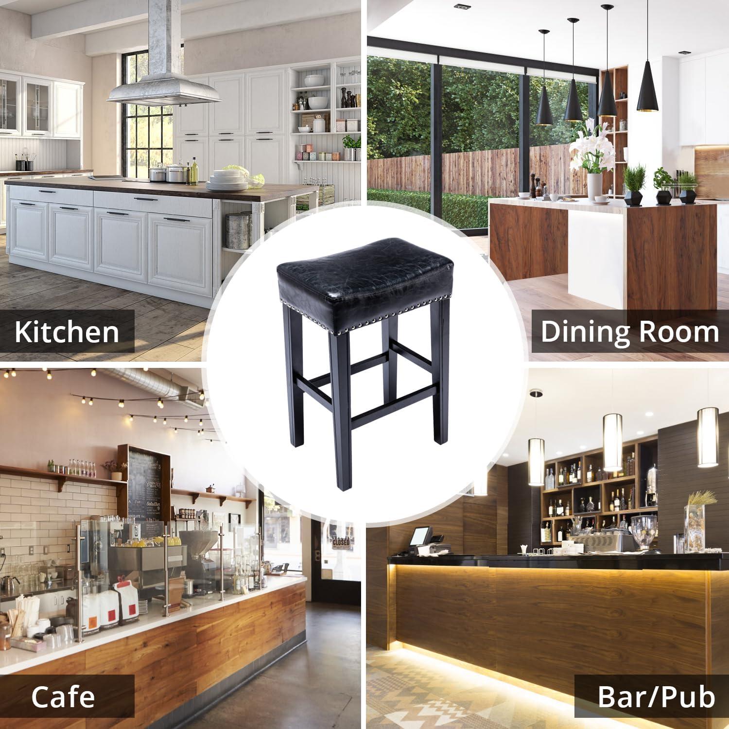 Lecut 26 Inch Wood Saddle Seat Barstool Set of 2 PU Leather Kitchen Counter Stools Nailhead Wood Pub-Height Saddle Stool Black