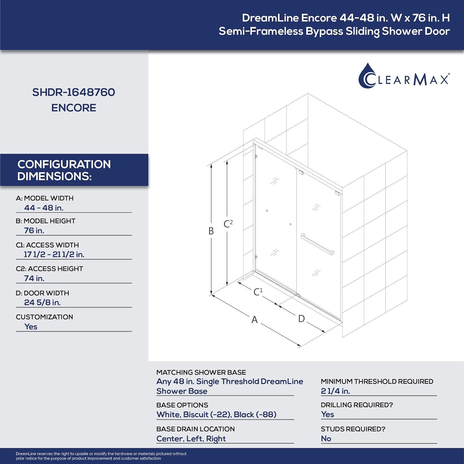 Encore 44" W x 76" Frameless Shower Door with ClearMax Technology