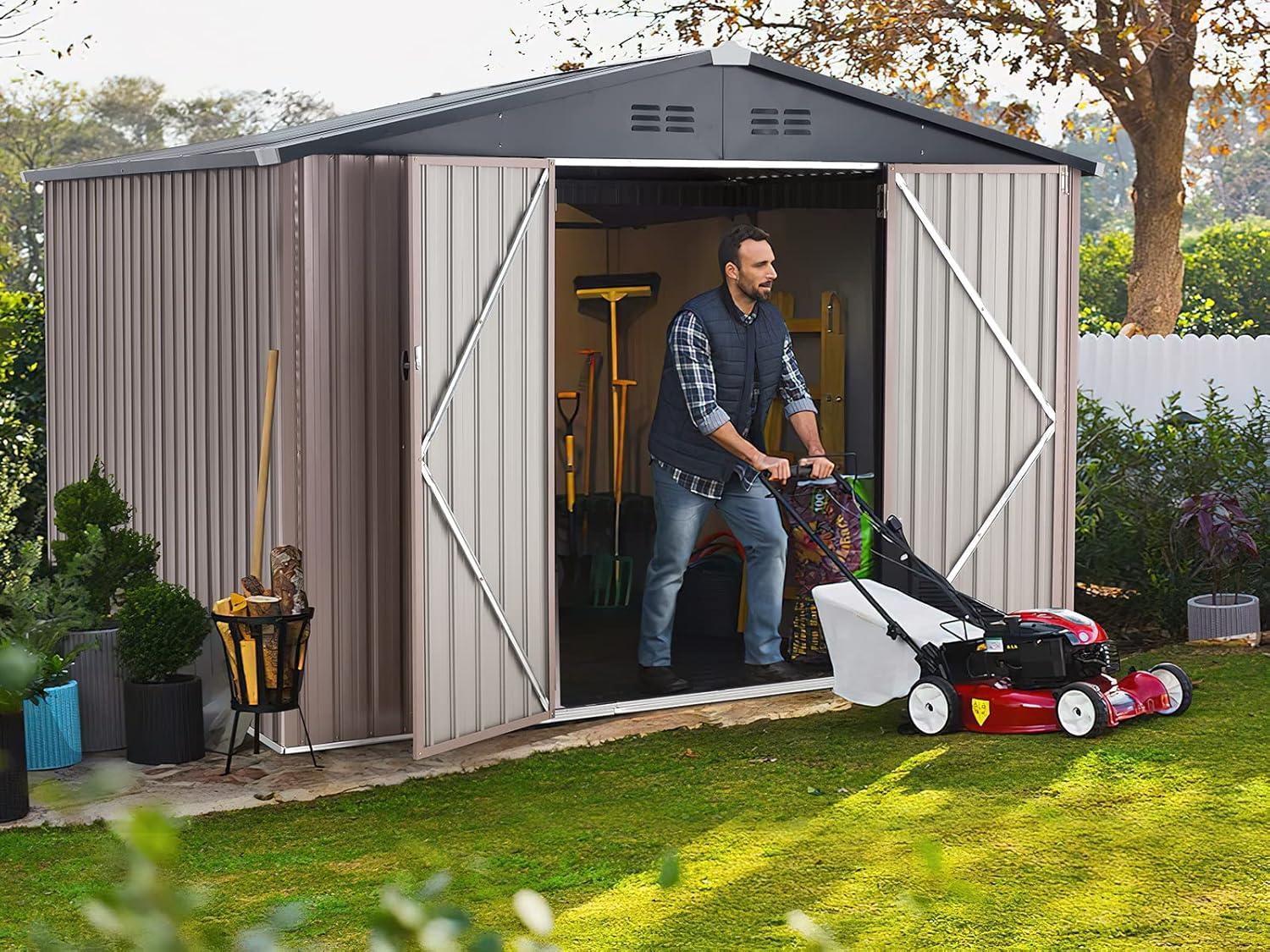 AECOJOY 8' x 10' Outdoor Storage Shed with Rack & Shelves Metal Utility Tool Shed with Lockable Door for Backyard & Garden on Clearance