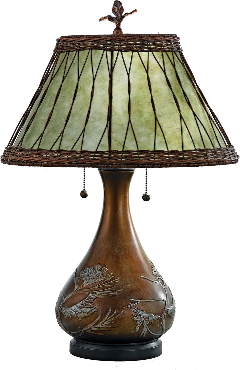 Bronze Table Lamp with Green Mica Shade and Wicker Overlay