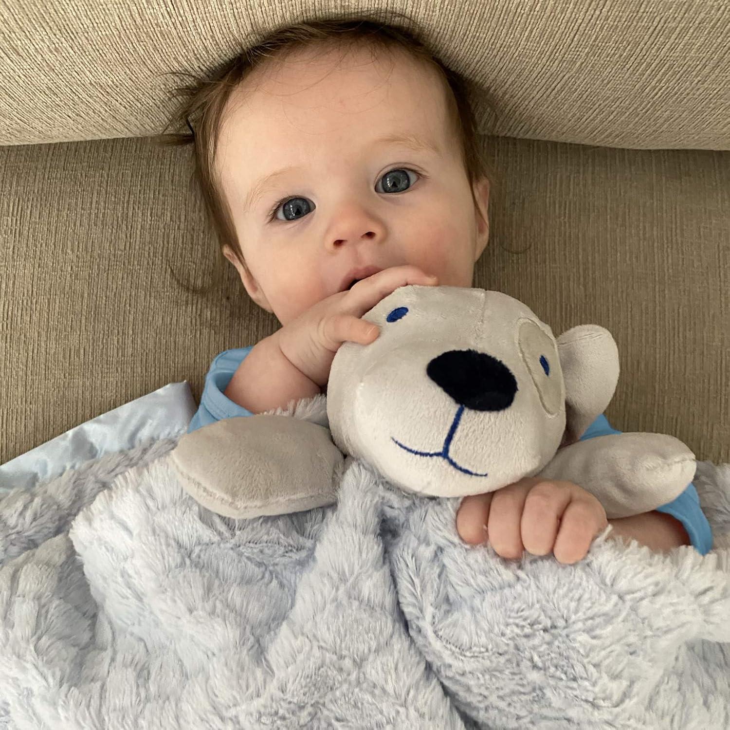 EVERYDAY KIDS Large Lovey Baby Security Blanket Sweet Dog Stuffed Animal on 30” Blue Snuggle Baby Blanket; Fluffy Fleece with Attached Plush Toy
