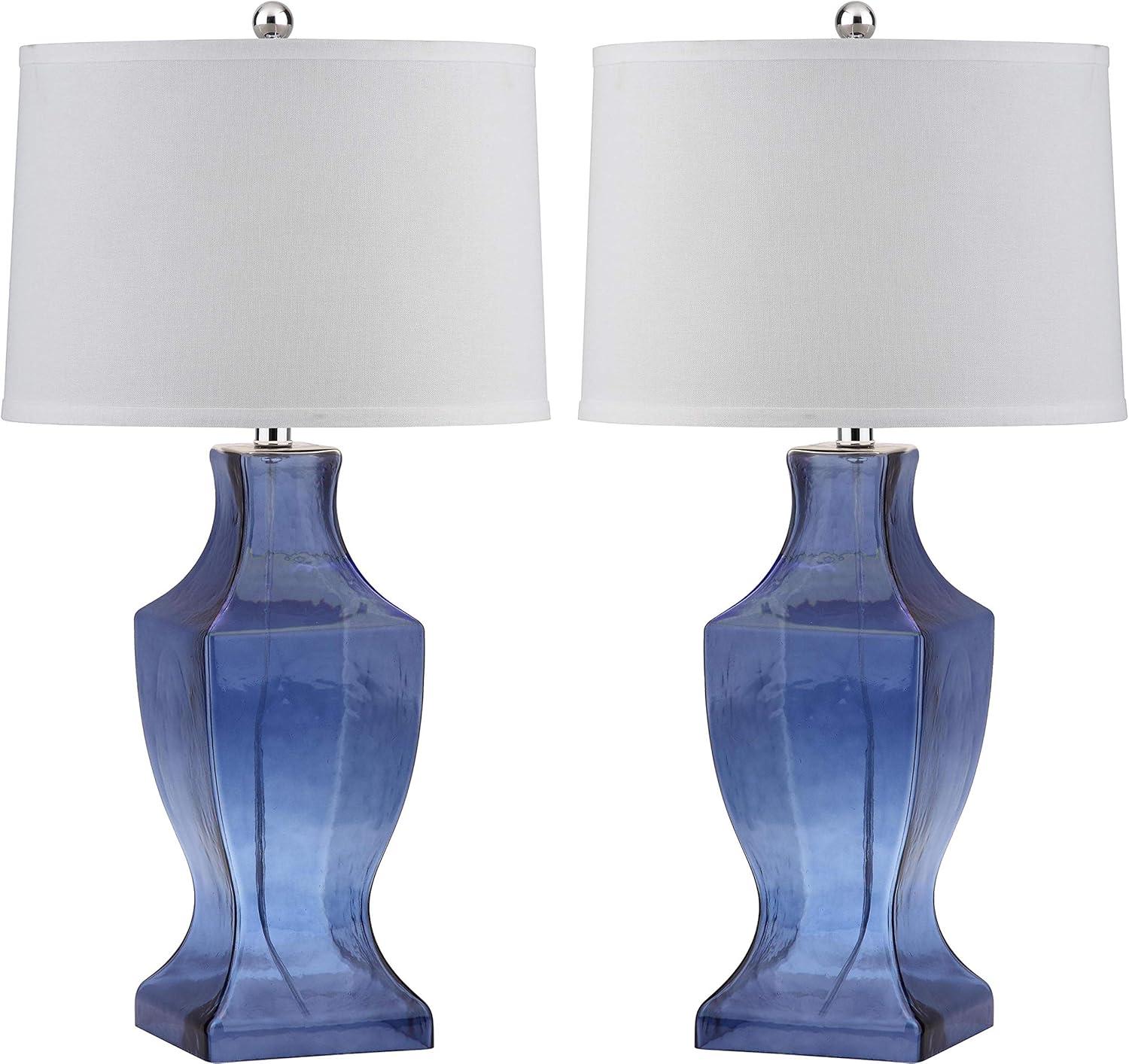 Elegant Blue Glass Urn Table Lamp Set with White Cotton Shade