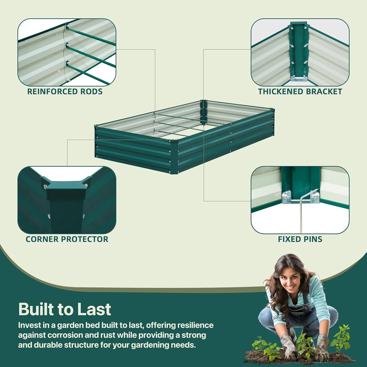 Green Galvanized Steel Outdoor Raised Garden Bed, 8x4x1FT