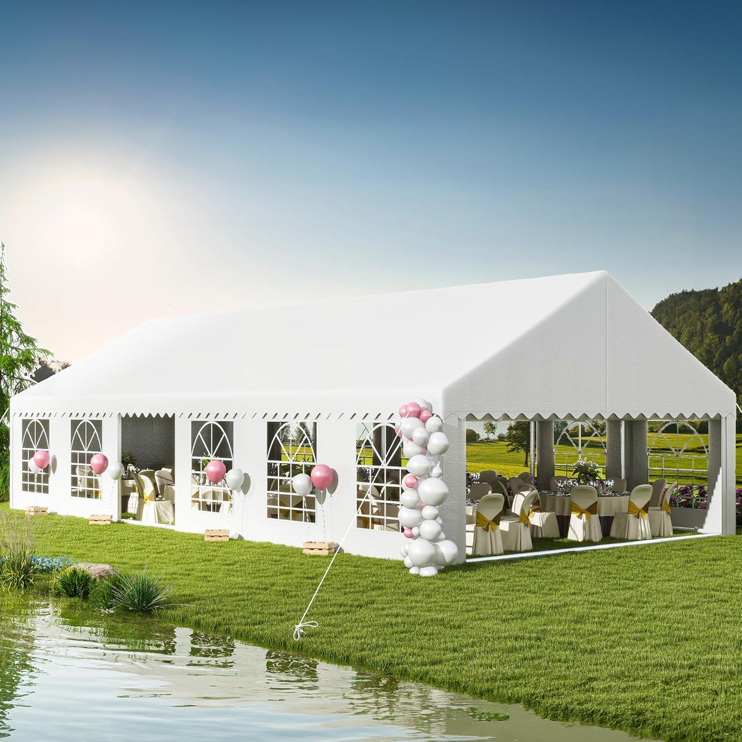 Dextrus 16x32FT Party Tent Heavy Duty PVC Wedding Event Shelters White Upgraded Galvanized Ripple Canopy with Large Roof Removable Sidewalls & 3 Storage Bags 600D Oxford Commercial