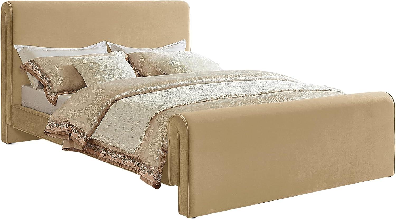 Camel Velvet Upholstered Queen Bed with Curved Headboard