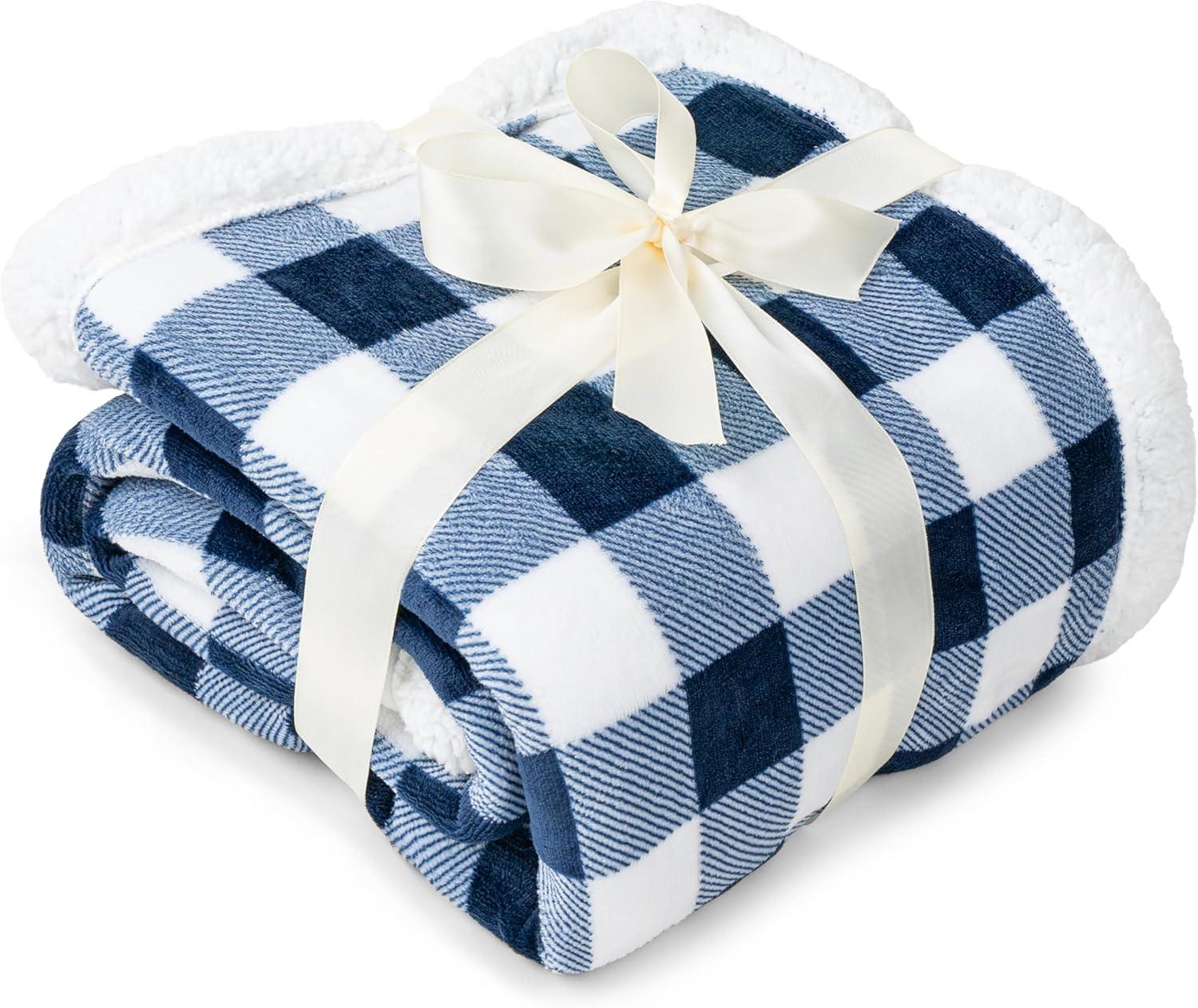 PAVILIA Buffalo Plaid Sherpa Blanket Throw | Fuzzy White Navy Blue Checkered Flannel Fleece Blanket for Couch Bed | Fluffy Warm Soft Plush Microfiber Blanket | 50x60