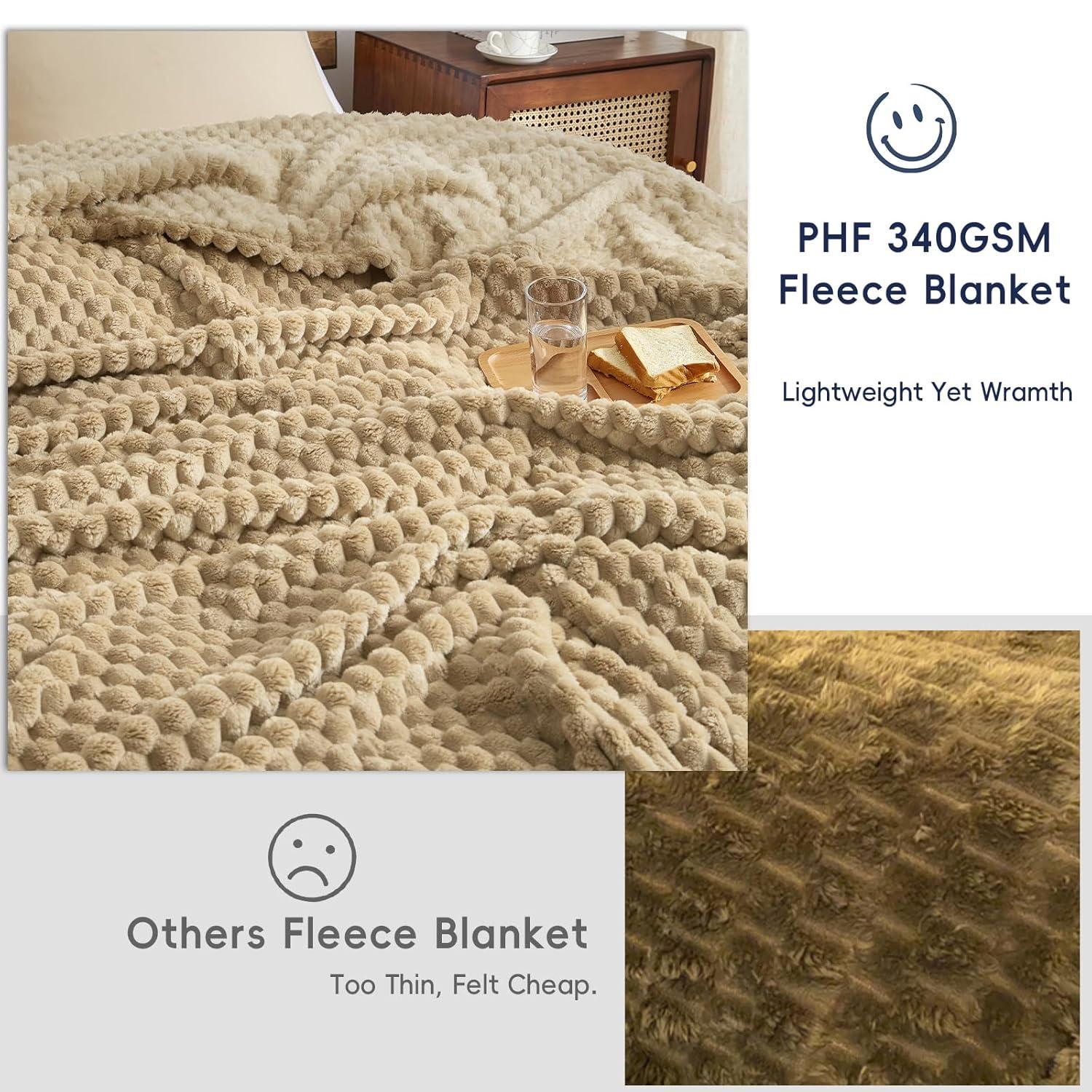 PHF Ultra Soft Flannel Fleece Blanket King Size, Lightweight 3D Jacquard Fleece Blanket, No Shedding, No Pilling, Luxury 340GSM Aesthetic Fluffy Cozy for Bed Room Decor, 108"x90", Camel/Light Khaki