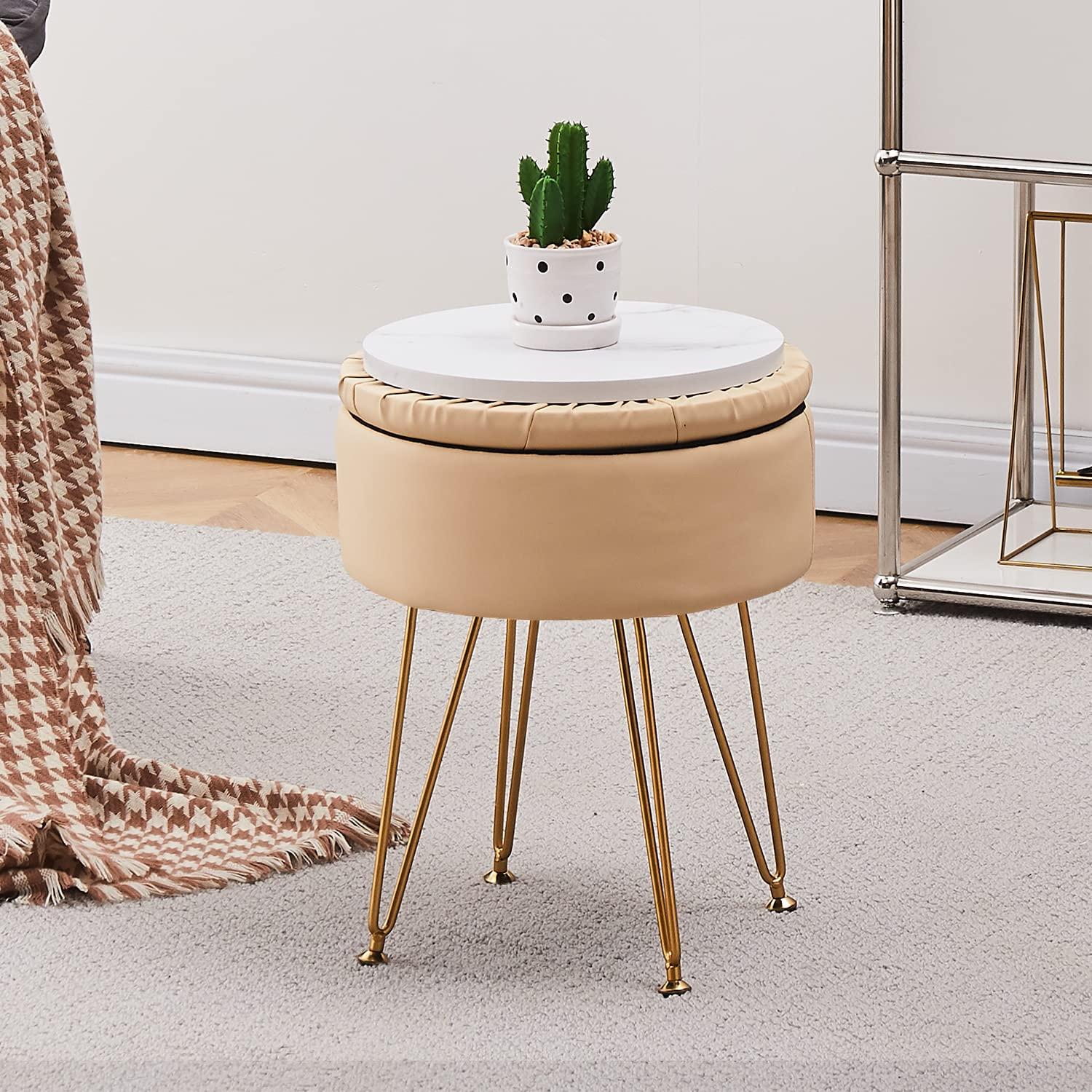Cpintltr Storage Ottoman Oil Wax Faux Leather Round Footrest Stool Multifunctional Upholstered Ottoman with Metal Legs Modern Vanity Stools Tray Top Coffee Table for Living Room Bedroom White