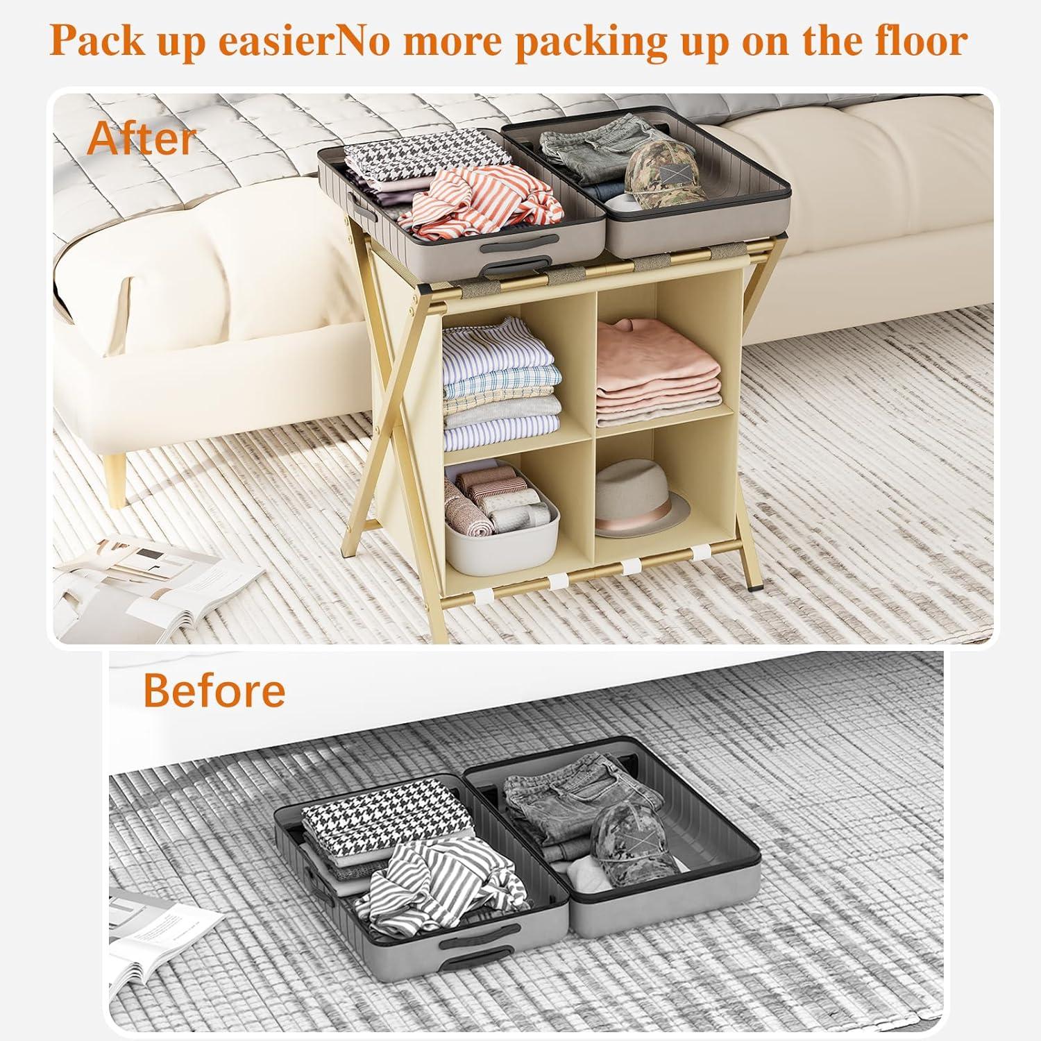 aboxoo Luggage Rack with storage, Guest Room Folding Suitcase Stands, Holds up to 120 lb, Space Saving Suitcase Holders for guest room, Bedroom Hotel, Gold