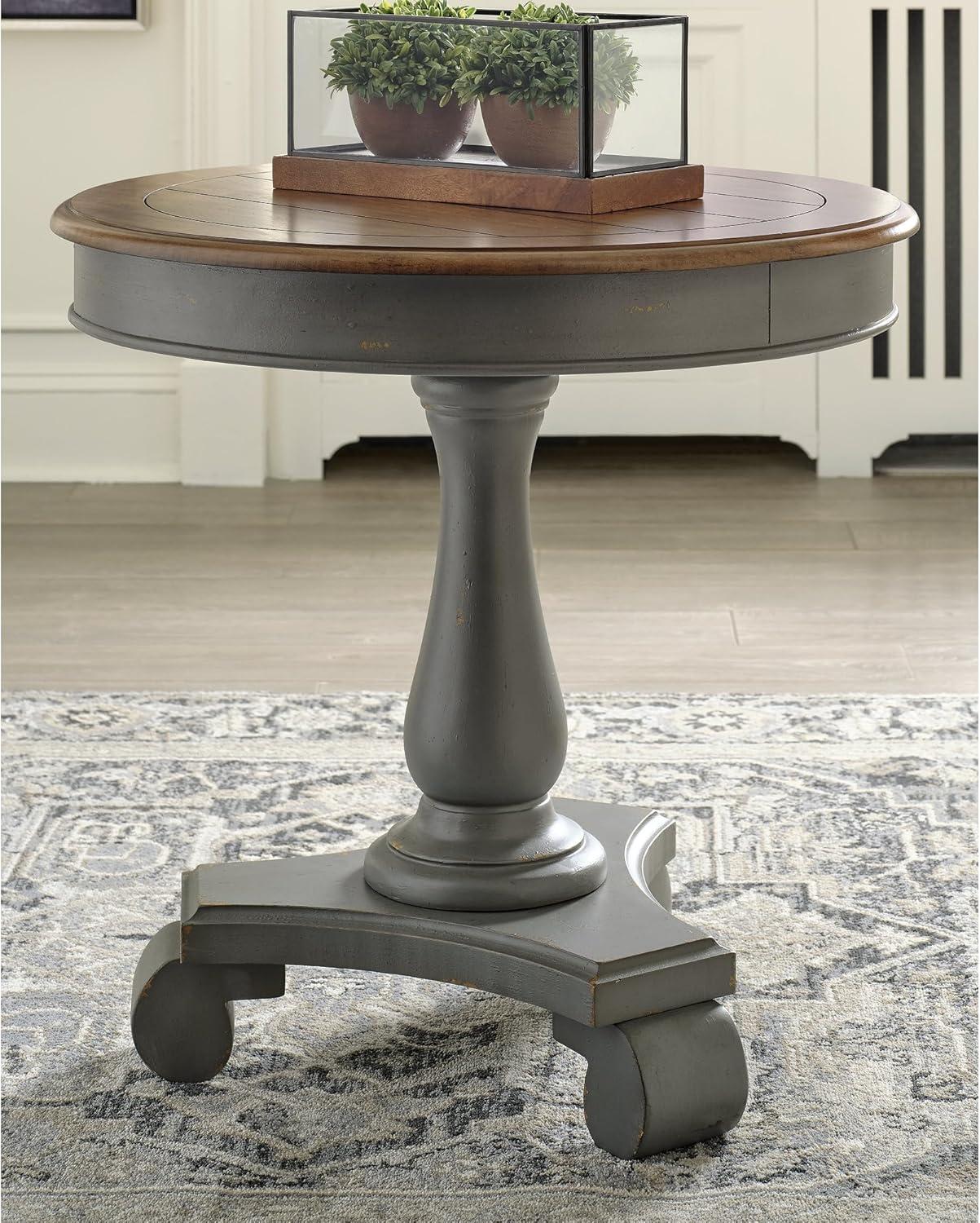 Transitional Gray & Brown Round Wood Accent Table, 26.13"