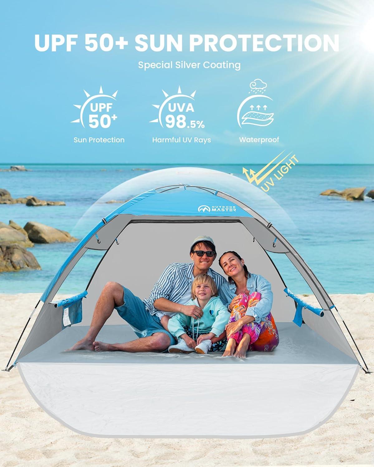 OutdoorMaster Beach Tent Sun Shelter with 2 Ventilated Doors, UPF50+ Easy Setup Beach Tent Canopy for 3 Person, Lightweight & Portable Family Beach Umbrellas for Sand with Carrying Bag - Blue