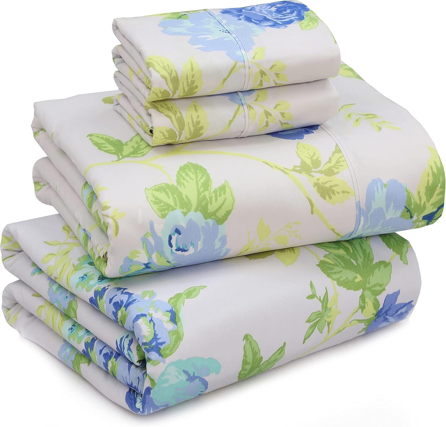 Queen Blue Floral Microfiber Deep Pocket Sheet Set