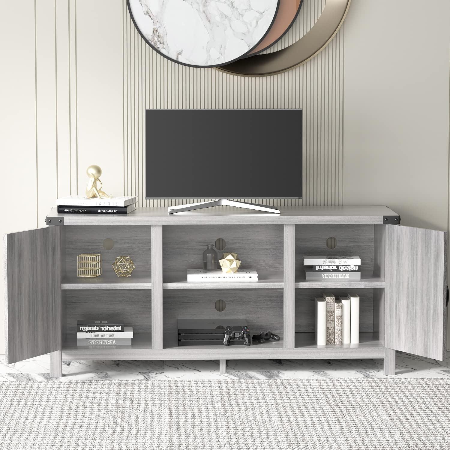 Gray Wash Barn Door TV Stand with Storage Cabinets