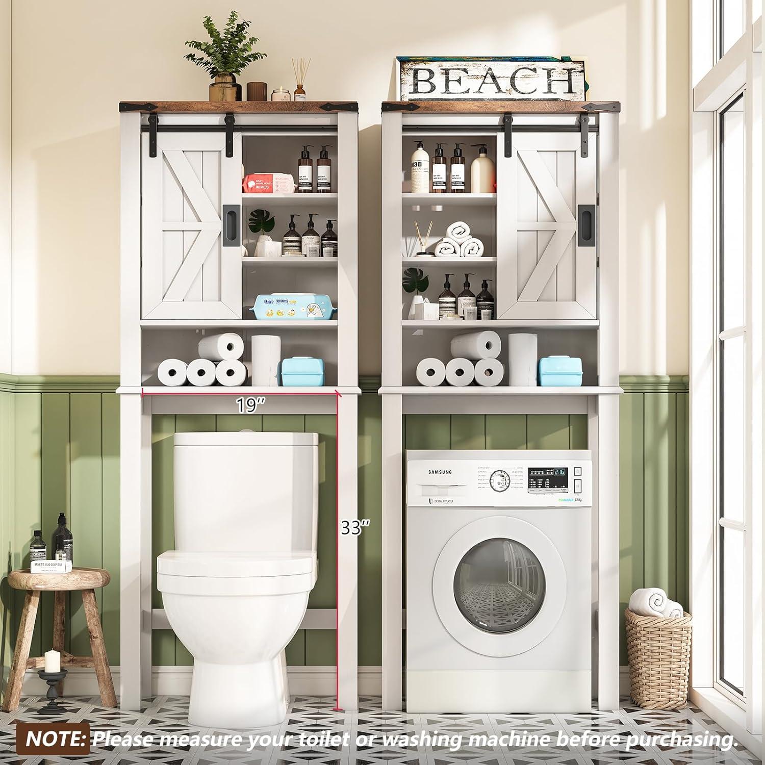 Farmhouse Over Toilet Cabinet, 68" Tall Toilet Organizer Stand with Sliding Barn Door & Adjustable Shelf, Above Toilet Storage for Bathroom, Laundry Room, Rustic Oak & White