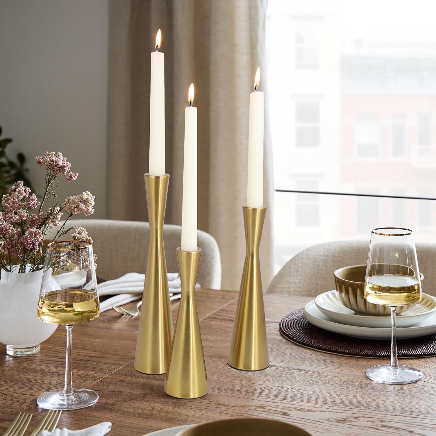 Vixdonos Brass Gold Taper Candle Holders Metal Candlestick Holders Set of 3 Table Mantel Decorative Candle Stand for Dinning,Party，Wedding,Home Decor(Brass Gold)