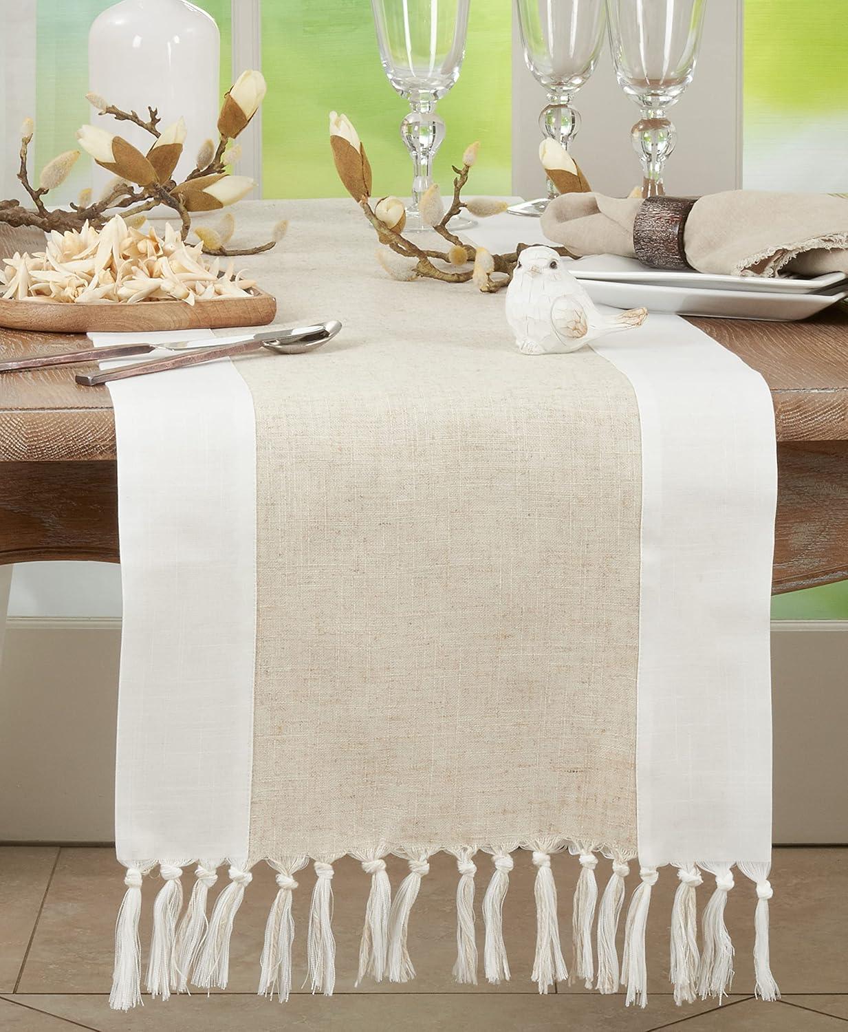 Natural Two-Tone Polyester Table Runner with Tassels