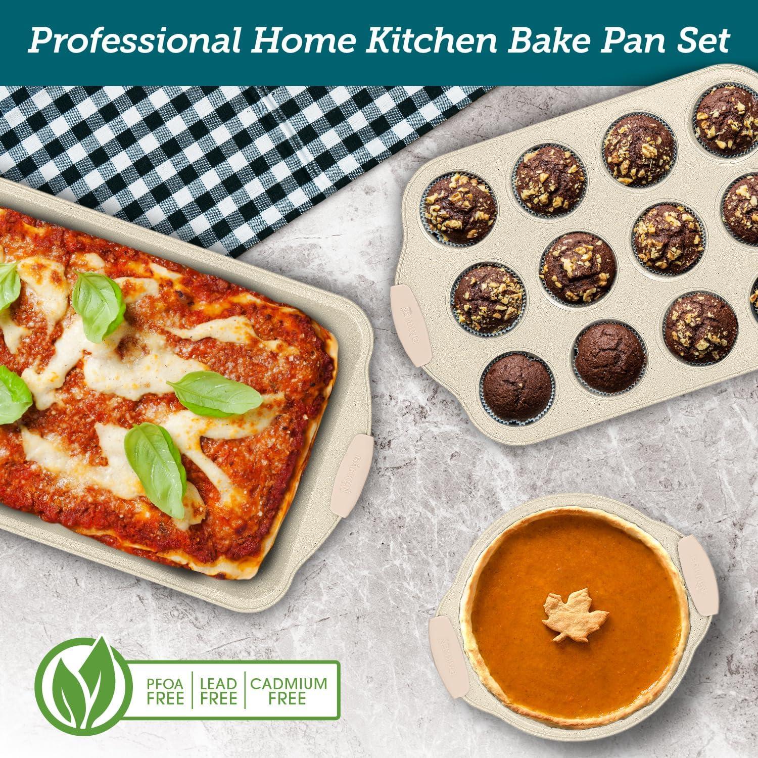 BAKKEN Deluxe 8-Piece Carbon Steel Bakeware Set - Nonstick White Marble Coating,
Silicone Handles - Professional Quality Kitchen Oven Baking Pans